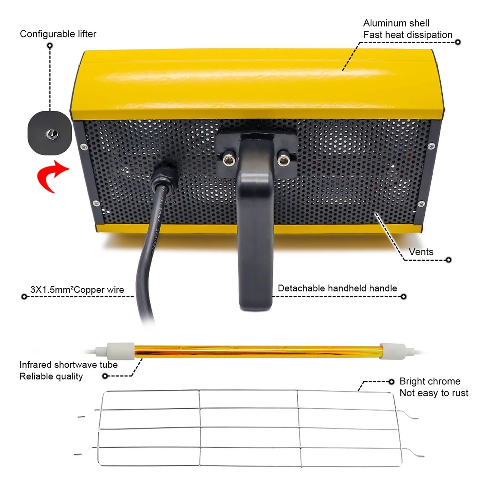 Lampa podczerwona o krótkiej fali do suszenia lakieru z regulowanym statywem do naprawy karoserii i suszenia lakieru samochodowego o mocy 2000 W(2000W)