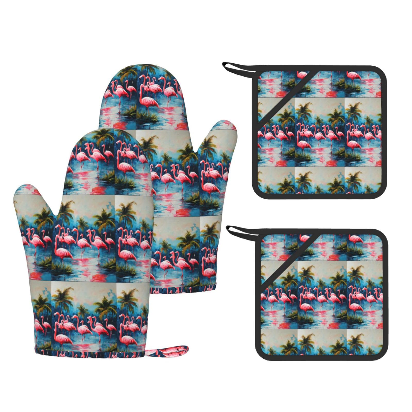 Many Flamingoes painting Printed Cooking Mitts and Pot Holders 4 Pcs, Heat Resistant Oven Gloves with Hanging Loop Chef