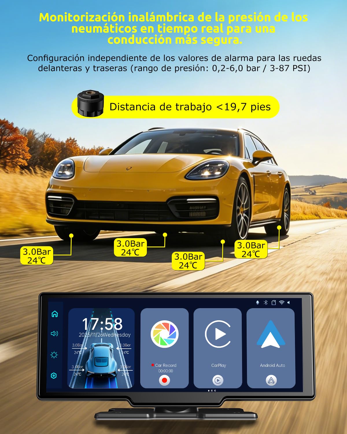 ESSGOO Pantalla Coche 10.26 Pulgadas Carplay y Android Auto Inalámbrico con 4 Sensor de Presión de Neumáticos Cámara Frontal 4K Trasera 1080P,IPS Táctil,Bluetooth,Mirror Link,Control por Voz,64GB TF