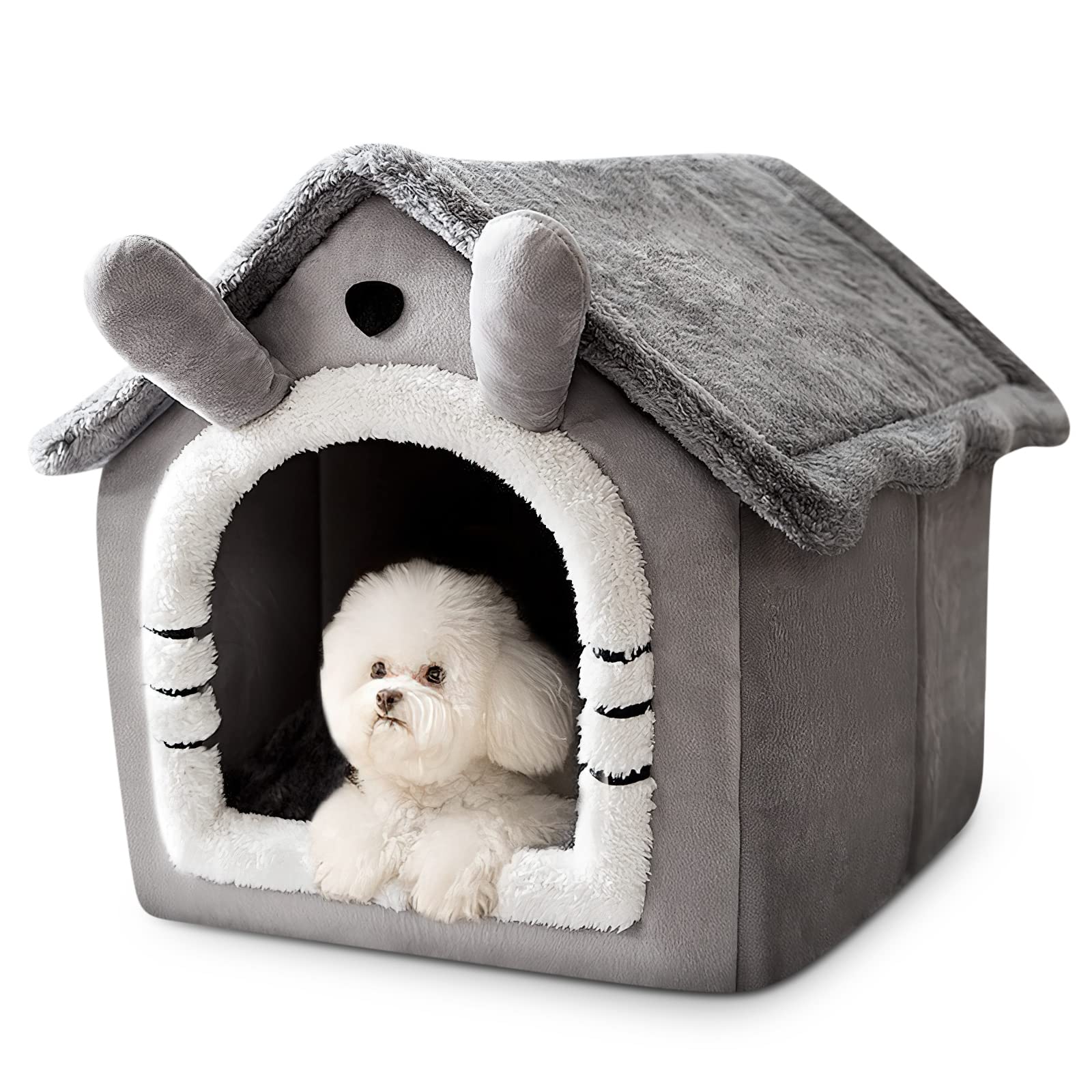 ALLSOPETS Dog House Indoor Cat House, Warm and Cosy Cat Igloo Bed, Foldable Pet Bed with Roof, Comfortable Dog Nest with Removable Cushion (Gray Cat, L)