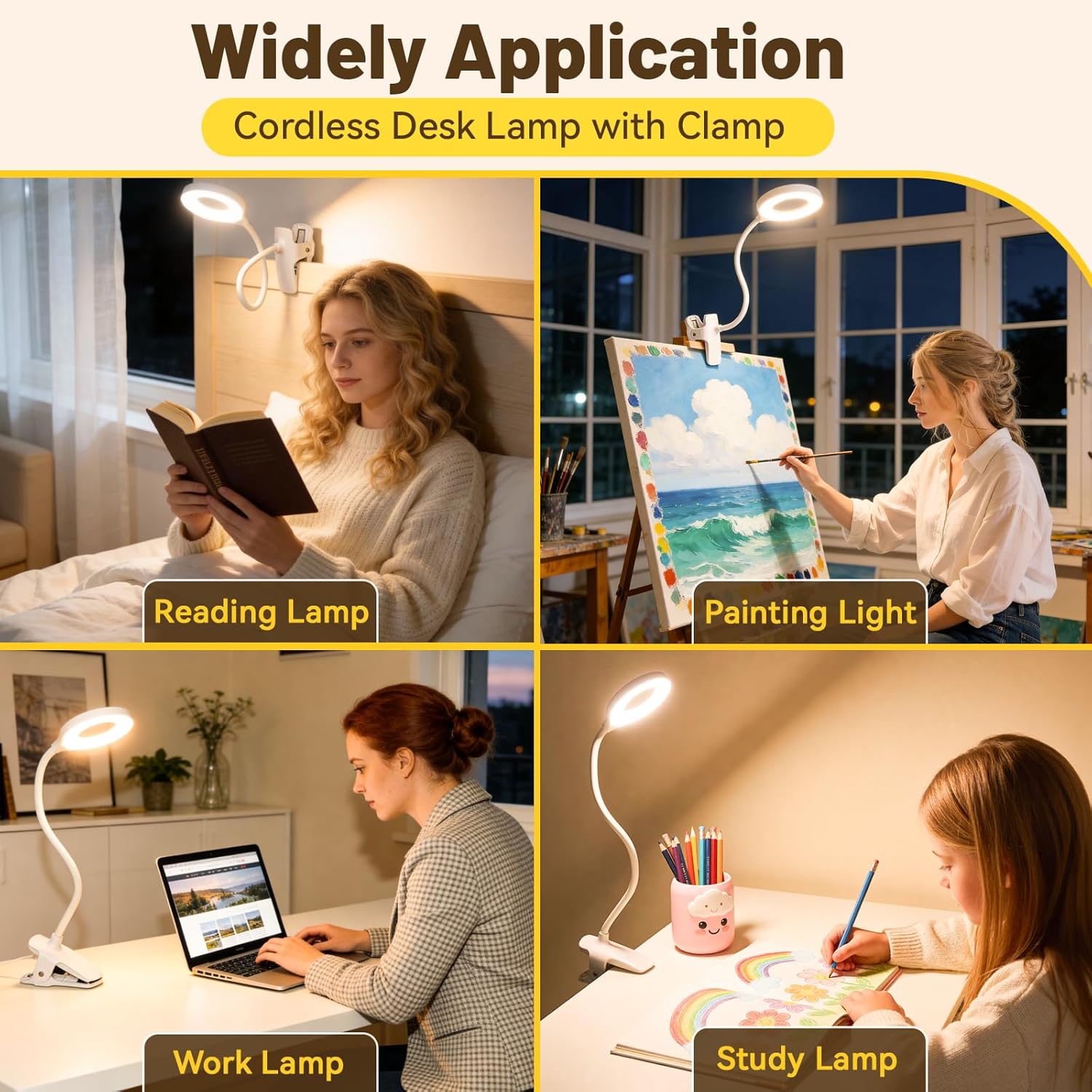 Clip on Reading Light for Bed Headboard, Rechargeable Battery with Large Clamp, 5 Colors & 5 Brightness Flexible Neck Desk Lamp, Eye Protection LED Touch Control Book Light for Kids, Bunk Bed, (White)