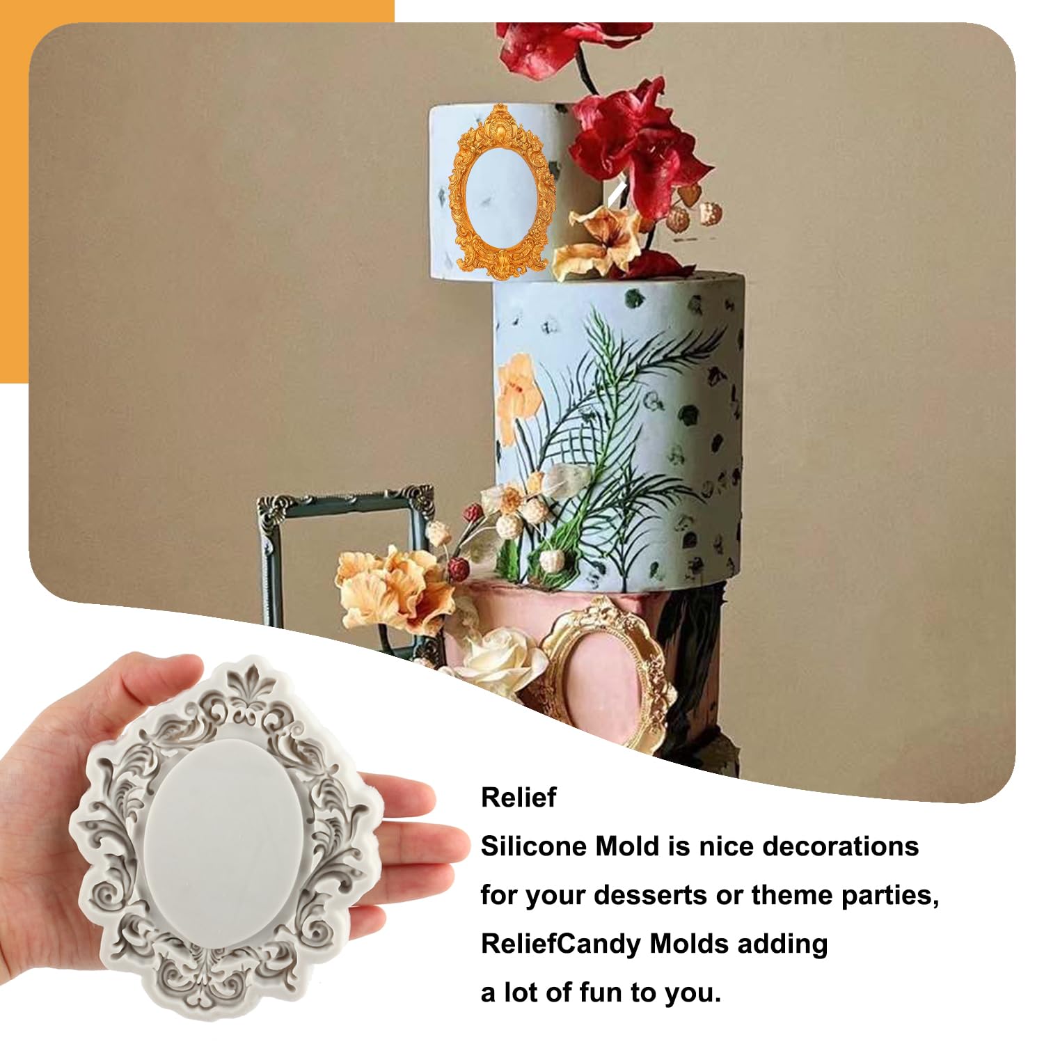 Silikonformen Für Fotorahmen Im Barock-Stil | 4-teilig, Lebensmittelecht | Für Schokolade, Fondant, Polymer-Ton | Größen: Quadratisch, Oval, Rechteckig, Rund