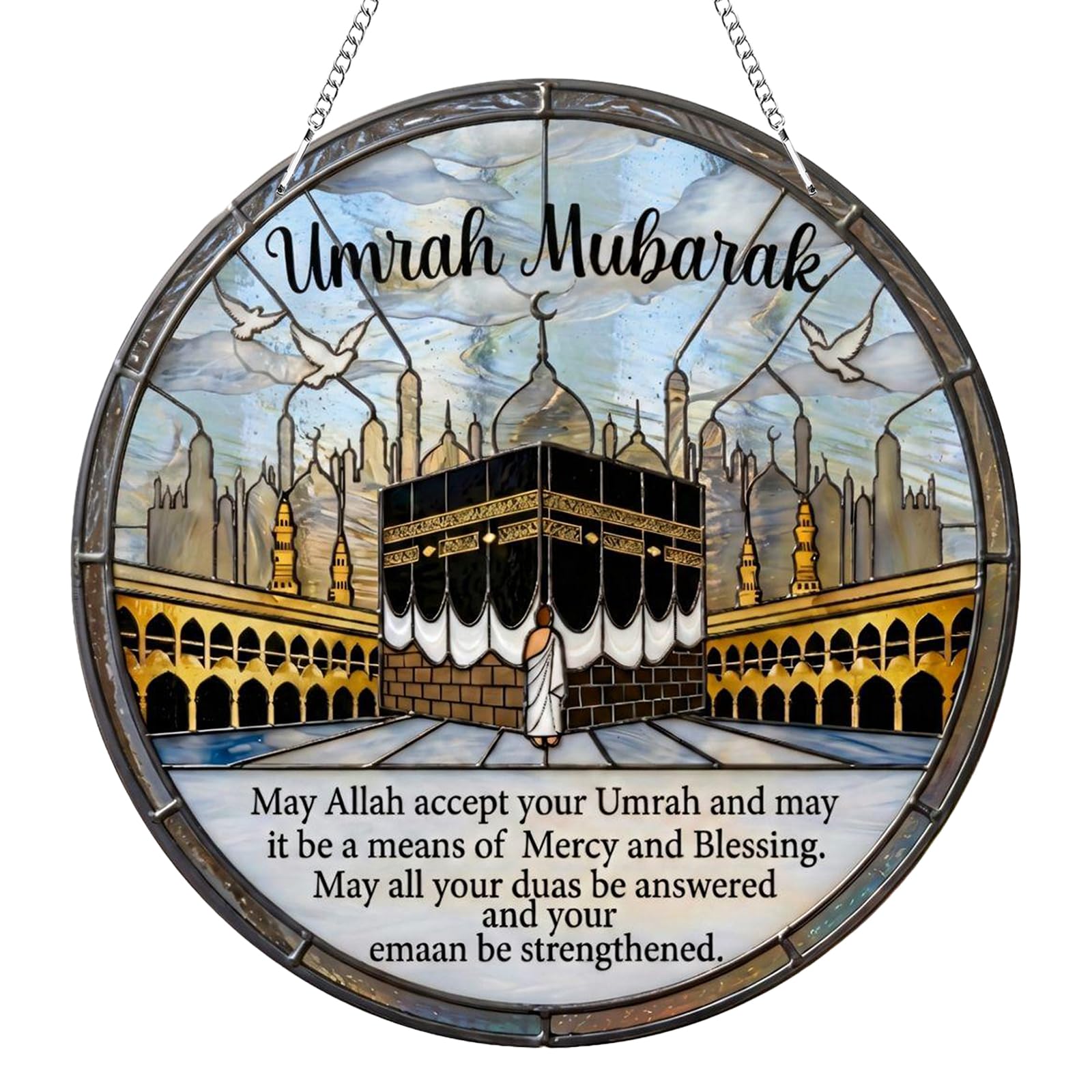 Umrah Mubarak Suncatchers for Windows Hanging, Stained Glass Window Hanging Ornament, Acrylic Sun Catchers Indoor Window for Garden, Home, Indoor, Outdoor Decor, Islamic Gift for Family & Friends