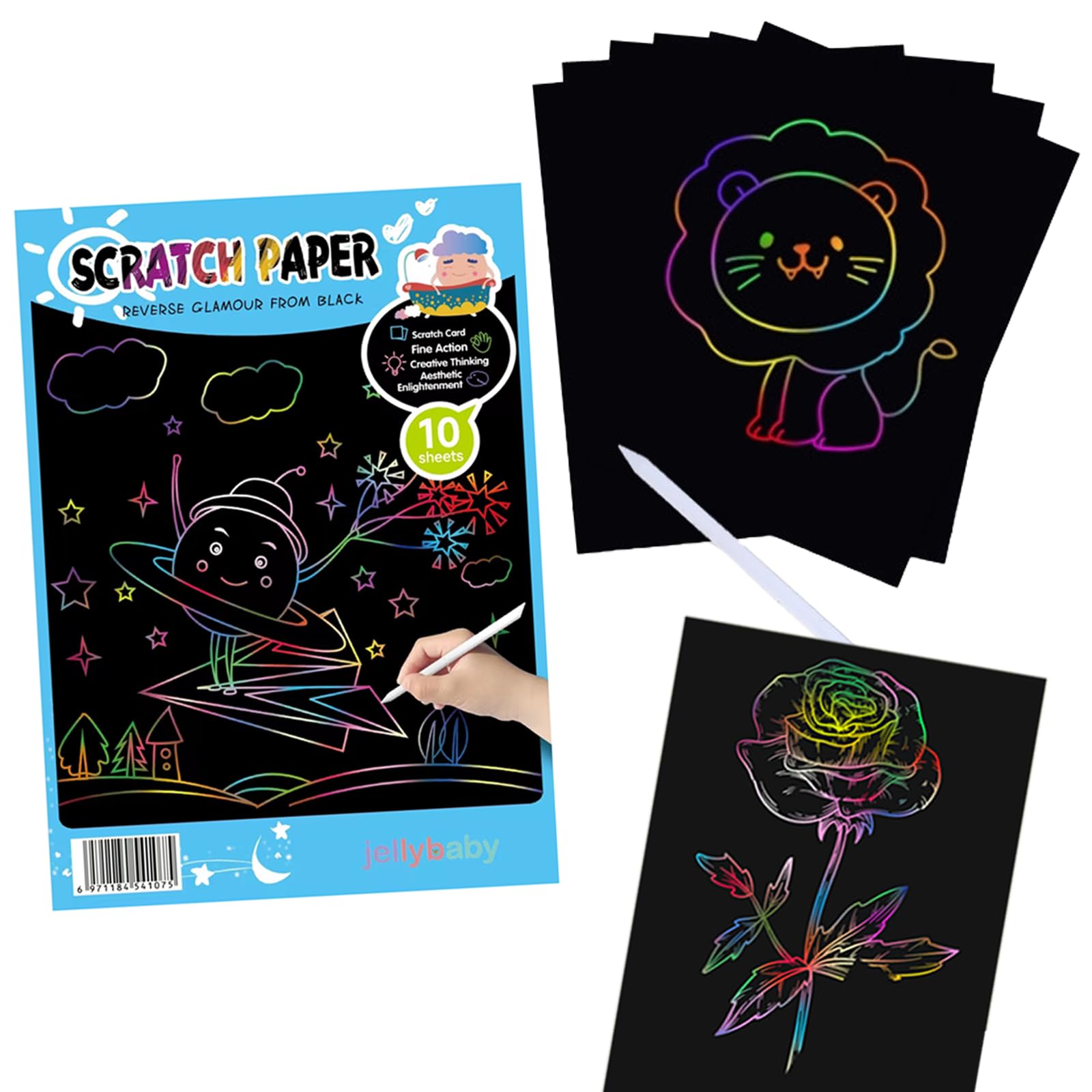 JELLYBABY Pack of 10 A4 Size 10 Pages Scratch Art Sheets Magic Drawing Coloring Book Black Scratch Paper Note Art and Craft Bulk Birthay Return Gift for Kids 4 Years and Above