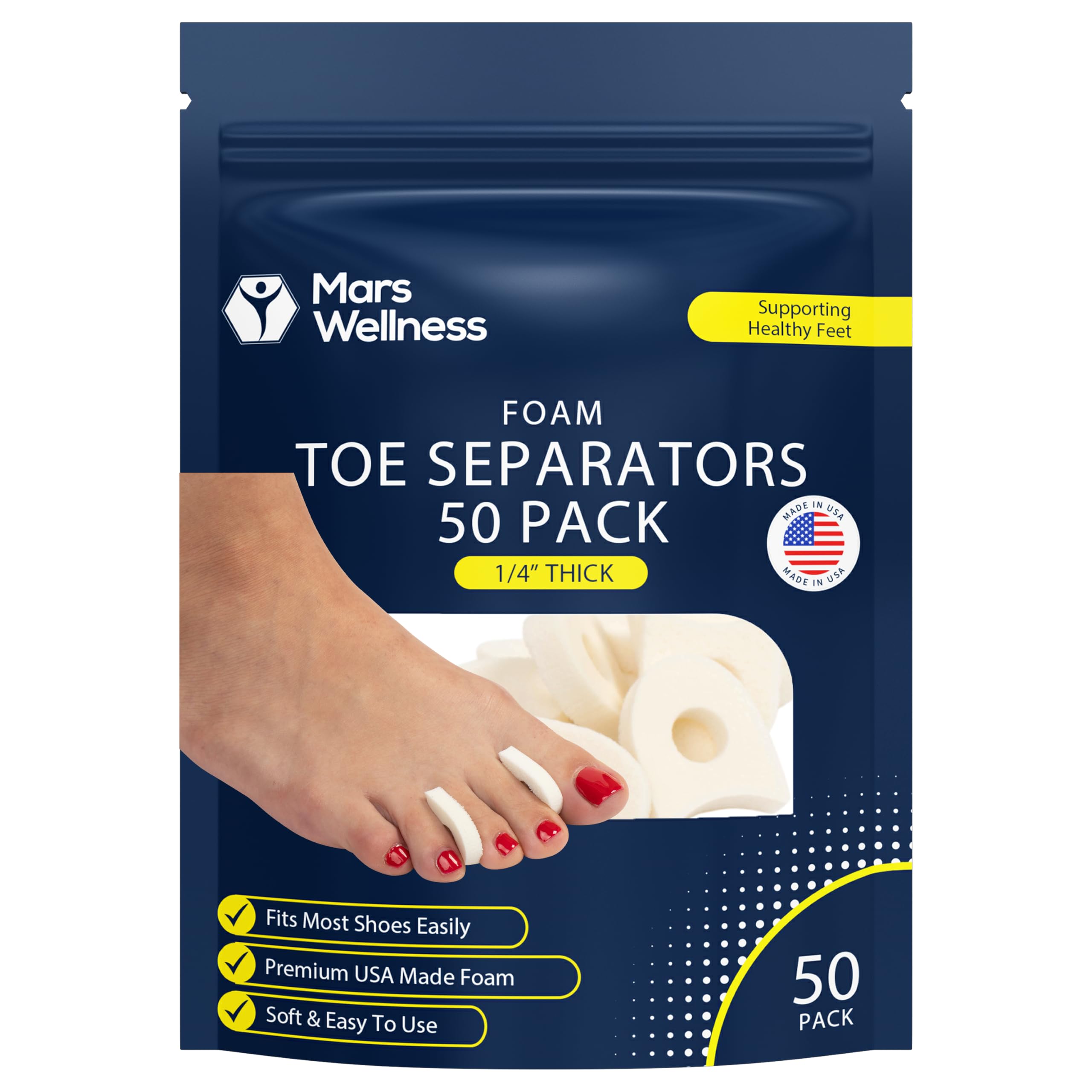 Separadores de dedos de espuma de alta calidad para mujeres y hombres, fabricados en Estados Unidos, espaciadores de espuma para alivio de maíz, ampollas y dedos en martillo, 1/4 pulgadas (paquete de