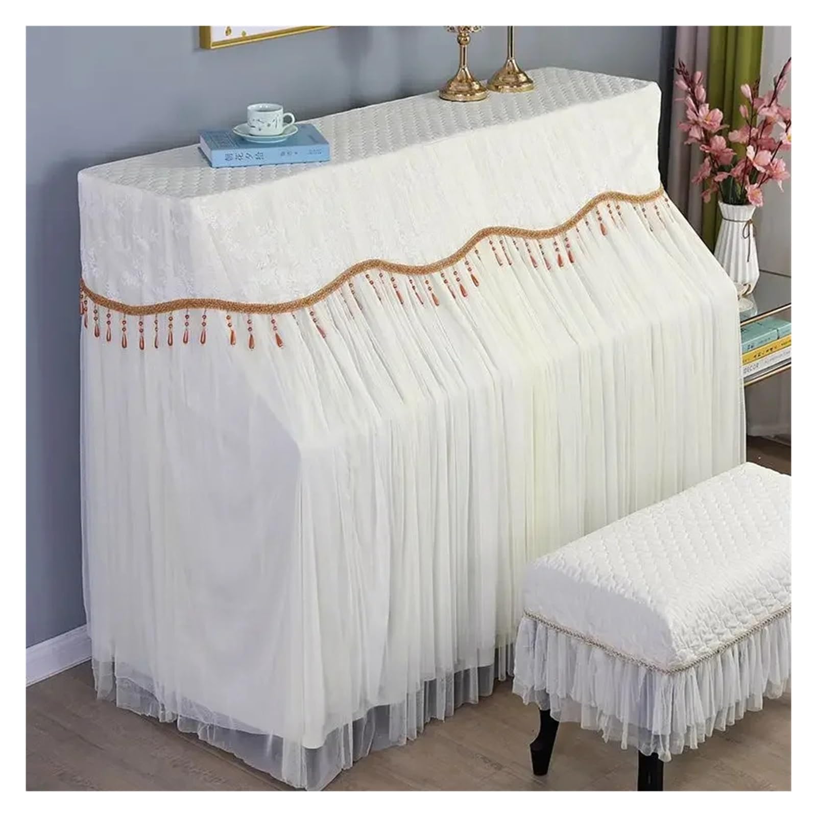 Klavierabdeckung Spitze Rüsche Elegante Klavierabdeckung mit mittlerer Öffnung, kein Entfernen von Staub erforderlich. Klavierbank-Bezug(Style 018,153x35cm 1pcs)