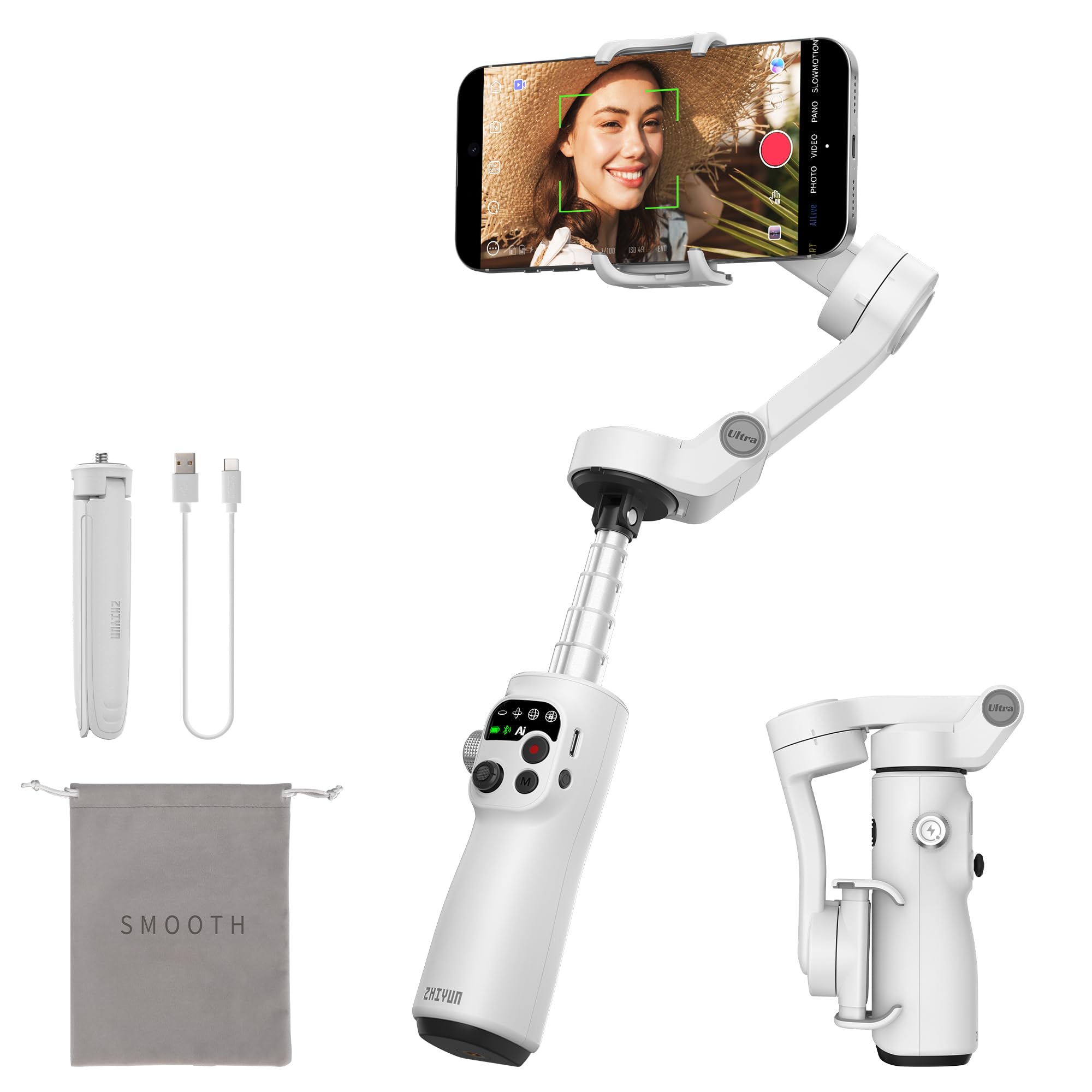 ZHIYUN Smooth Q5 Ultra Estabilizador Móvil con Integrada Luz de Relleno | Gimbal iphone, Barra de Extensión, Trípode, Portátil y Plegable, Estabilizador Smartphone para Volgging, TikTok