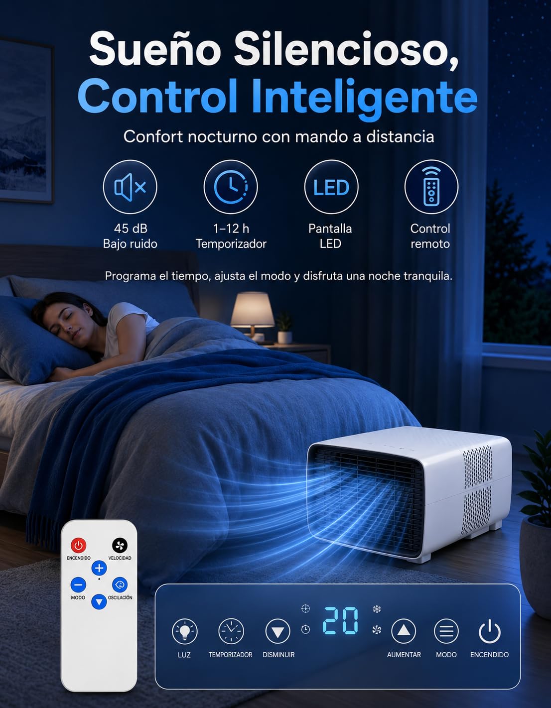Aire Acondicionado Portátil 2700 BTU 3 en 1 para Casa y Caravana | Refrigera, deshumidifica y ventila casa y caravanas; modo noche, mando a distancia, temporizador y tubo de escape