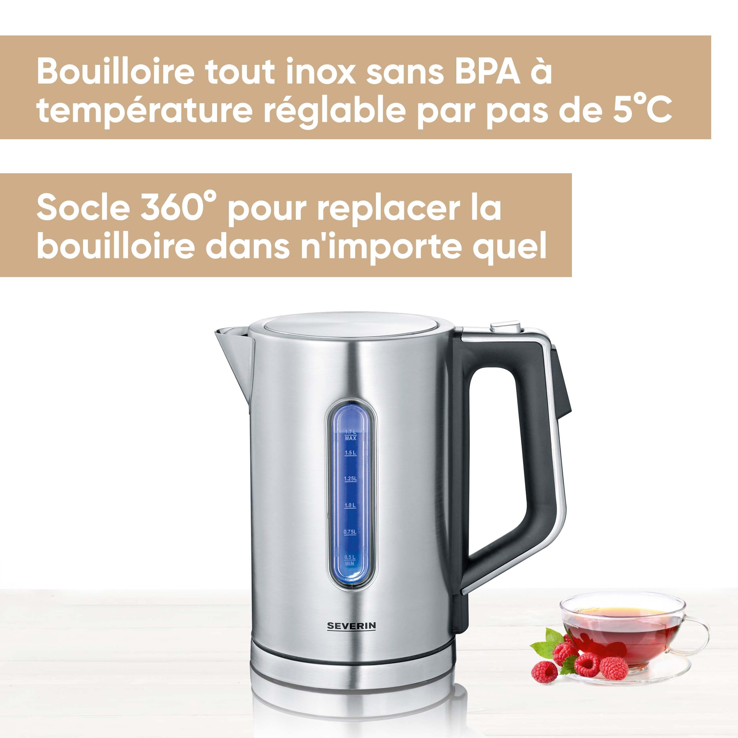 SEVERIN Bouilloire à température réglable, 1,7L, 3 000W, Sans BPA, Niveau D'eau Visible, Affichage LCD, Socle 360°, Inox, WK 3418