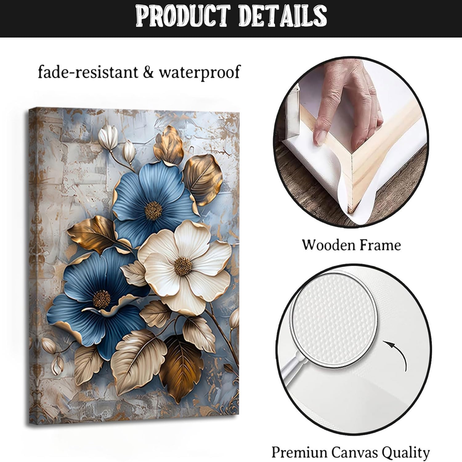 Modern Floral Canvas Wall Art Blue and White Flower Market Wall Decor Pictures Abstract Background Golden leaf Poster Prints for Living Room Bedroom Office Home Decoration 24x36in Ready to Hang