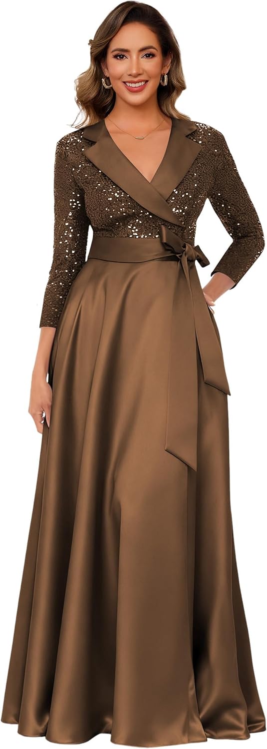 Long Sleeves Mother of The Bride Dresses with Bow for Women Sparkly Sequin Satin V Neck Wedding Guest Dress 2026 LS118