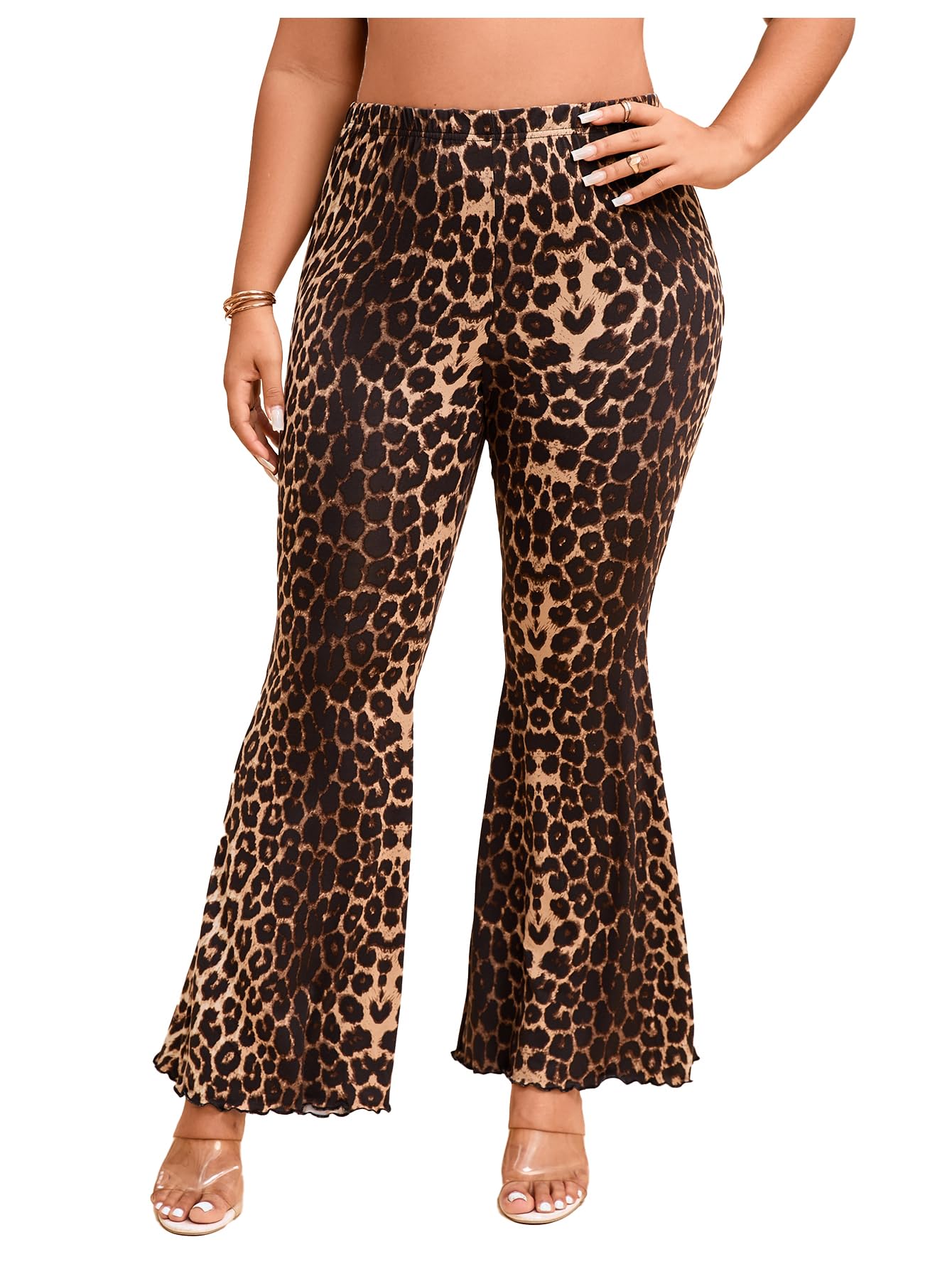 WDIRARA Womens Plus Size Leopard Print Flared Pants Elastic Waist Lettuce Trim Bell Bottom Trousers
