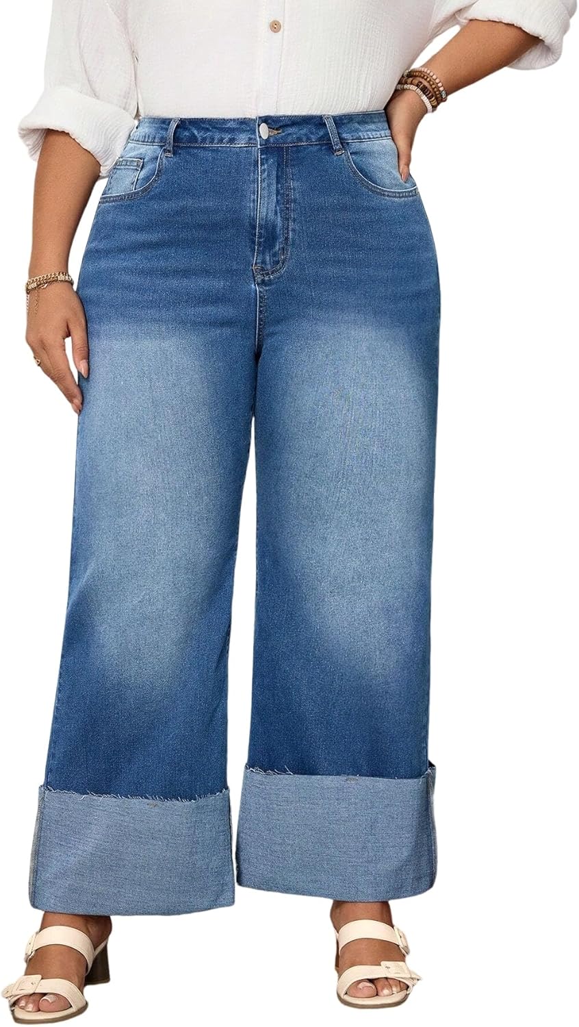 LALAGEN Women Pants Plus Size Plain Pocket Relaxed Fit Jeans