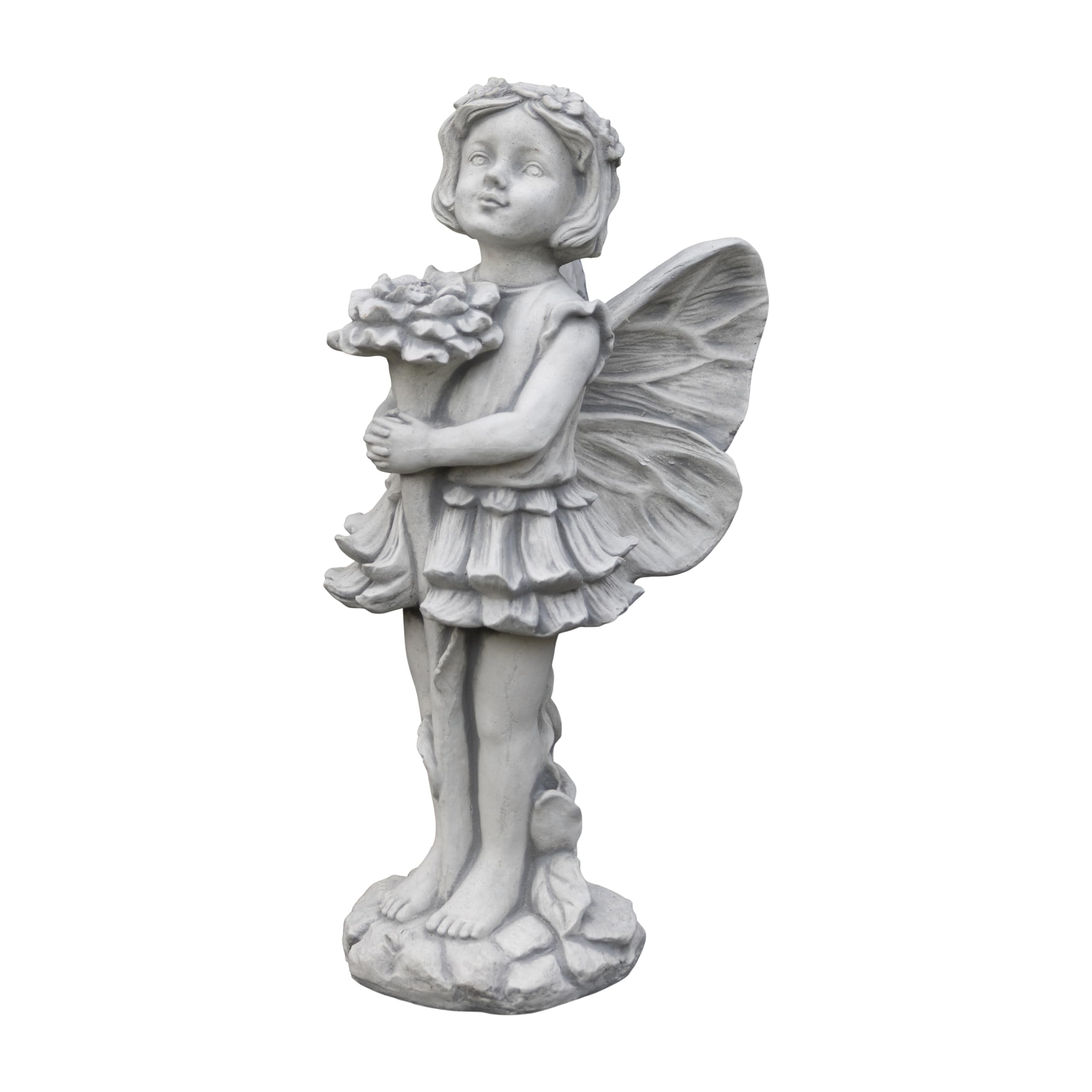 gartendekoparadies.de Charming elf with flower, stone figure, H. 50 cm, 10 kg, gray, frost-proof made of cast stone for outdoor use