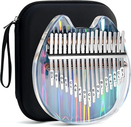 Beveetio Kalimba de Pulgar Transparente con Estuche Protector Eva, Kalimba de Cristal Transparente de 17 Teclas, Instrumento Musical para Regalo,