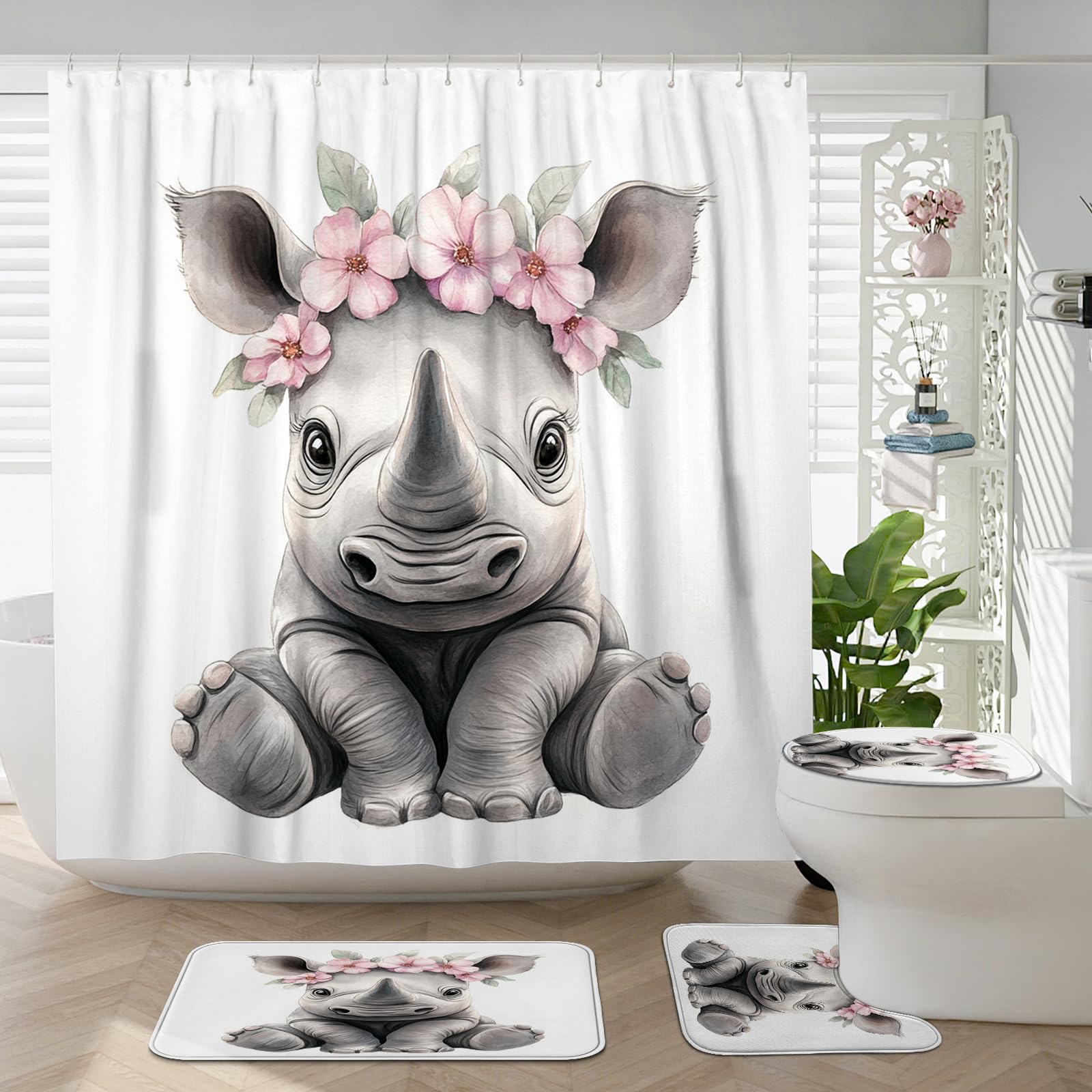 4PCS Funny Cute Rhinos Bathroom Accessory Sets with Non-Slip Rug, U Shape and Toilet Lid Cover Mat, Fun Floral Flower Wildlife Bathroom Fabric Decor-72''x72''