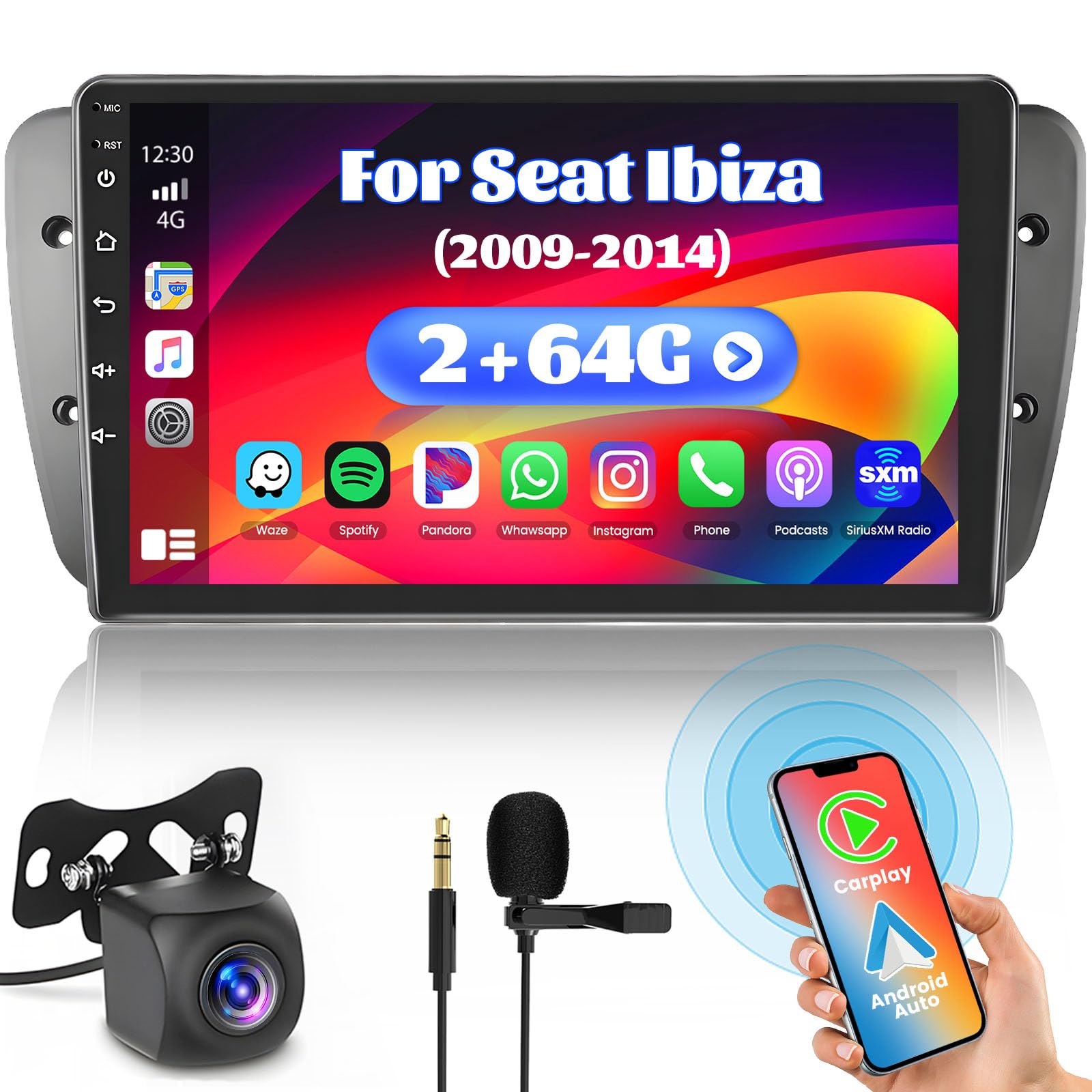 9 Pouces & 2 64GB ] pour Seat Ibiza 6J 2009-2013, Android 13 Autoradio, Carplay Android Auto sans Fil, HiFi, GPS Navi, Bluetooth, FM RDS, WiFi, SWC, USB, Caméra de Recul, Canbus