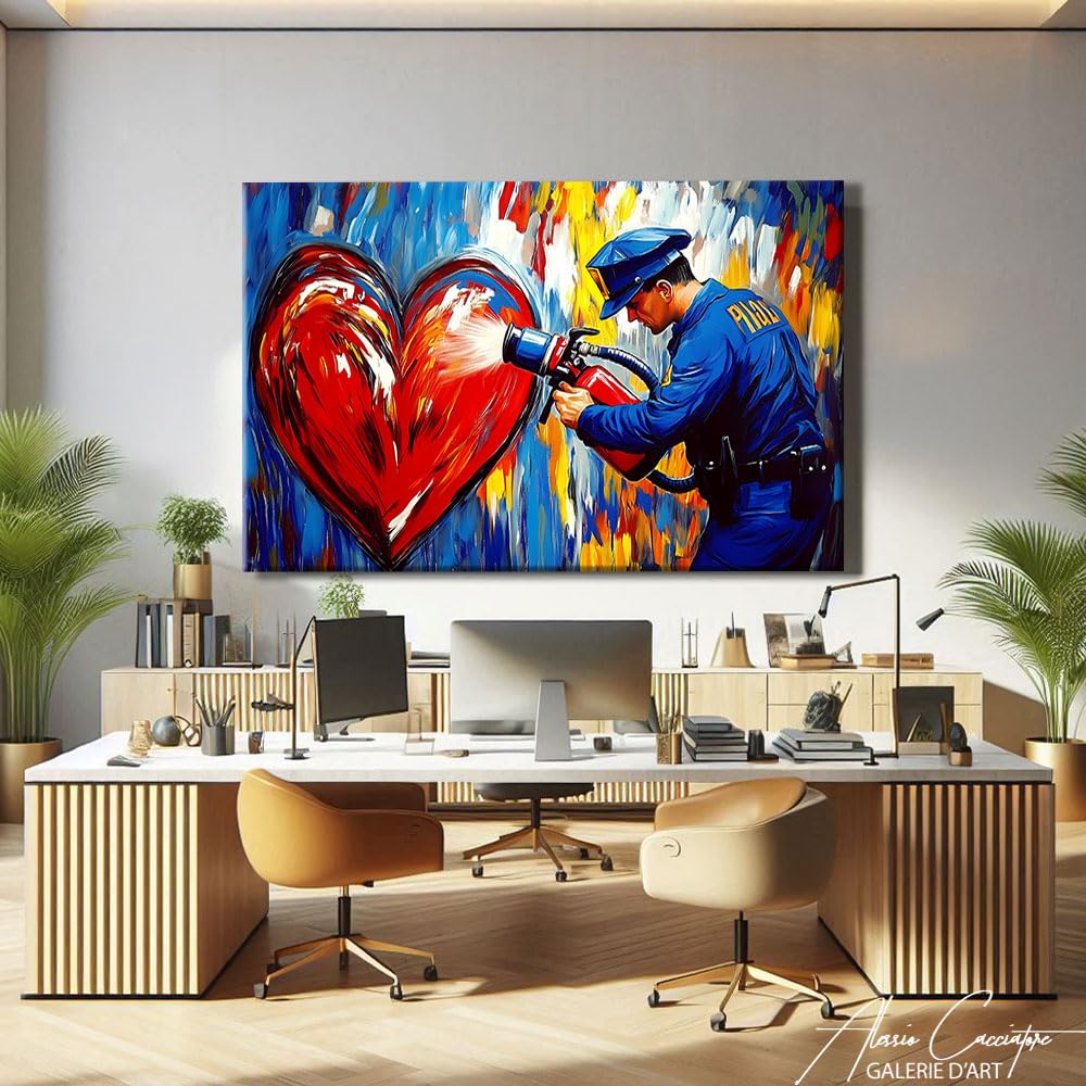 Alessio Cacciatore Quadro Polizia - Street Art Tela grande - Decorazione da parete a forma di cuore - Stampa su tela romantica - Decorazione da parete Street Art - Immagine romantica per camera da