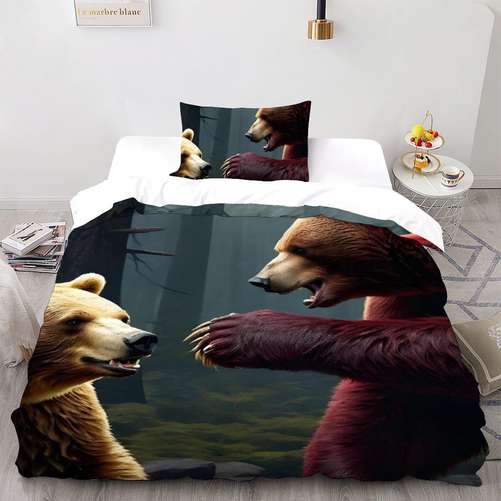 Housse de couette single Frère Ours animaux 3d avec taie d'oreiller lit enfant microfibre 135x200