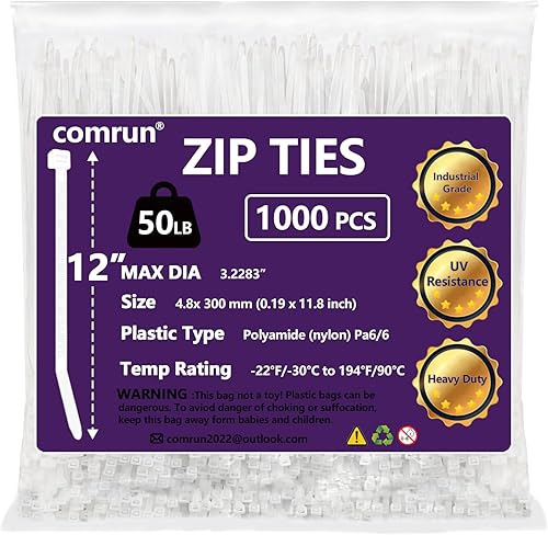 1000 bridas de nailon de 12 pulgadas, resistencia a la tracción de 50 libras, brida de cable blanca, grado industrial, resistente a los rayos UV,