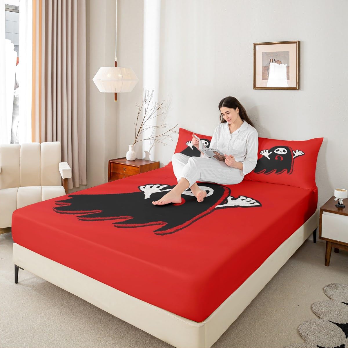 Cartoon Ghost Kids Fitted Sheet Twin Size,Happy Halloween Gothic Trippy Bedding Set,Girls Boys Room Decor,Western Holiday Before Christmas Red Black Bed Sheet,1 Pillowcase(No Flat)