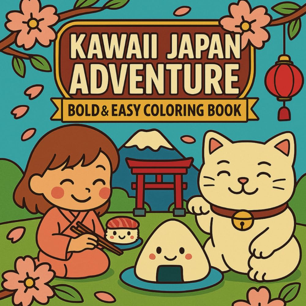 KAWAII JAPAN ADVENTURE: BOLD AND EASY COLORING BOOK: 50 fun images of Japanese food, culture, and characters — a cute and cozy coloring book for ... Great for kids, teens, adults, and seniors.