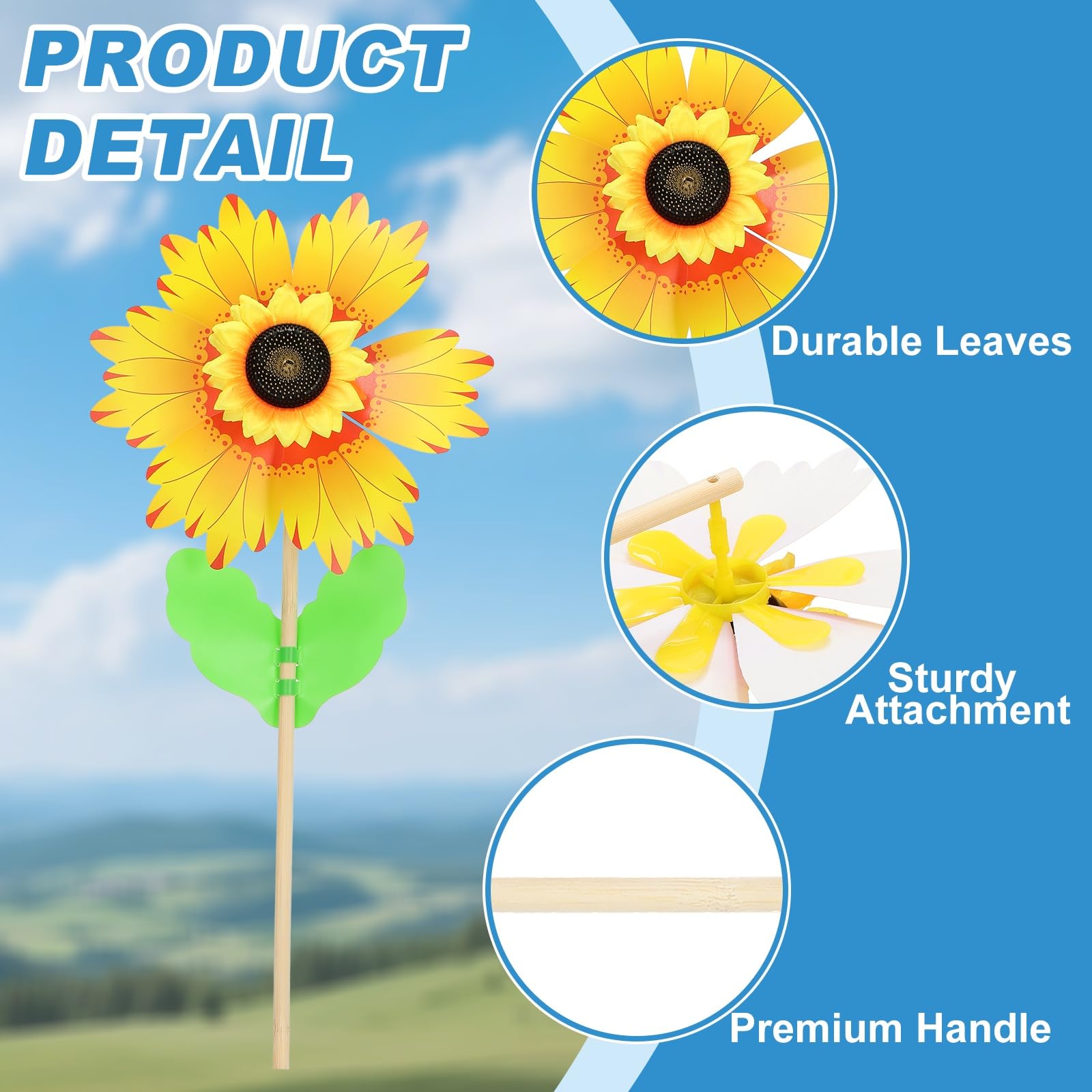 QUARKZMAN Molinillos 14.2" Giratorio Color Degradado Girasol Molinillos Viento 6 Hojas Molino Viento Madera con Palos De Madera De Girasol para Jardín Patio Césped Fiestas Al.