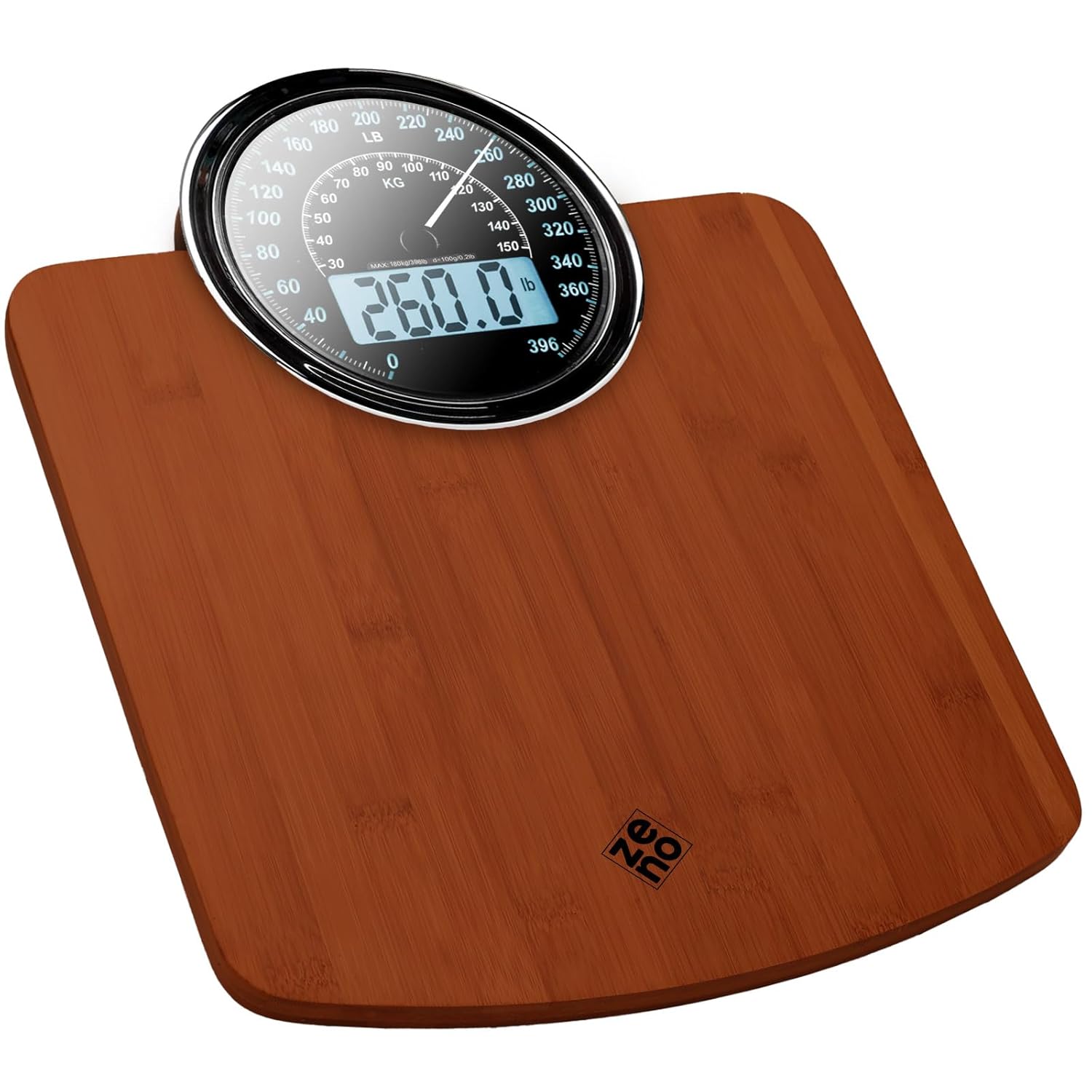 ZENO Hybrid 2-in-1 Analog & Digital Weighing Scale for Body Weight up to 400lbs - Thick Tempered Glass - Extra Large Display - Easy to Read Digital Bathroom Scale - New - Dark Wood