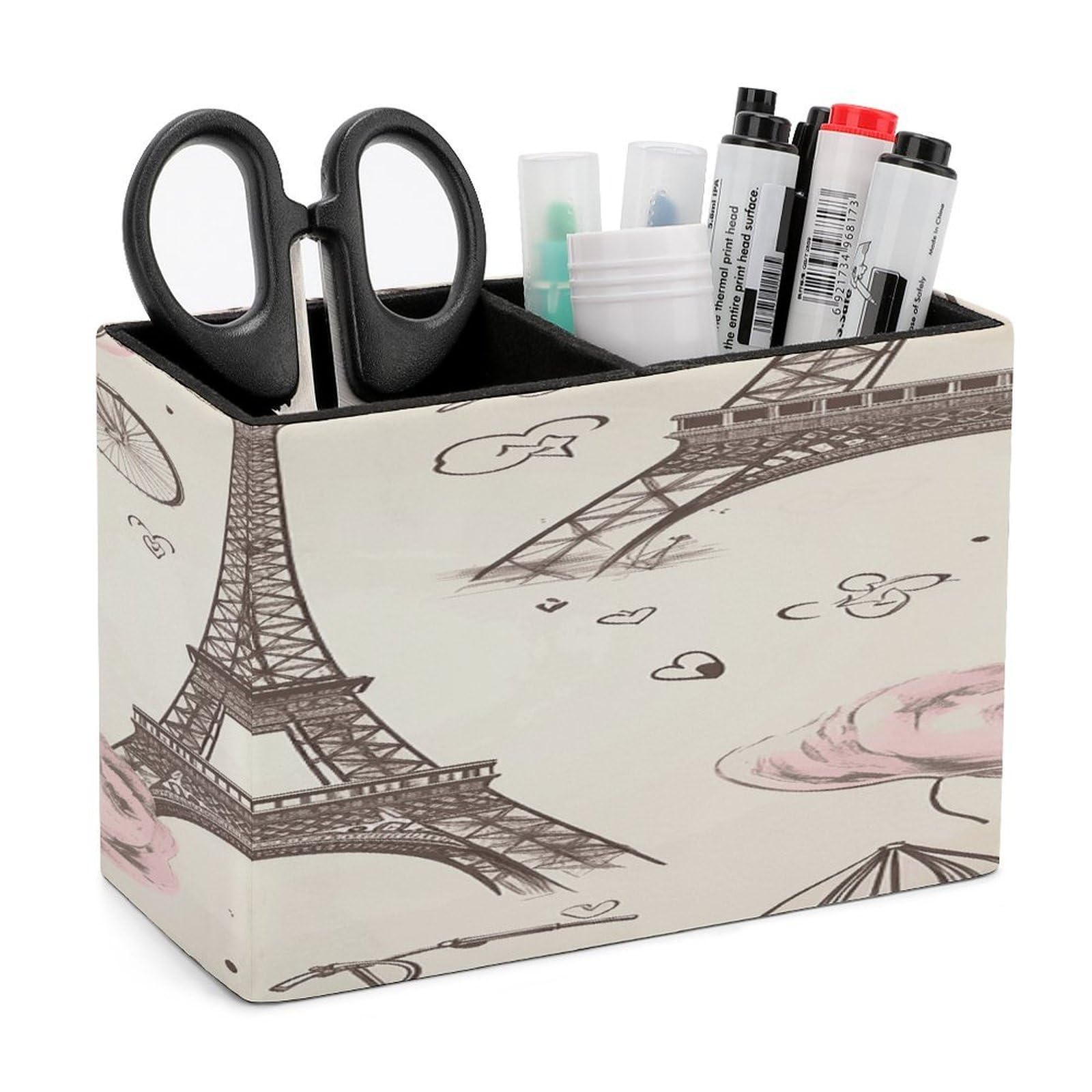 LDGSUPH The Eiffel Tower And A Bicycle Leather Pen Holder for Desk Organizer Caddy Large Pencil Cup Multi-function Pencil Holder Makeup Brush Holders Pen Organizer for Home Office Storage Box