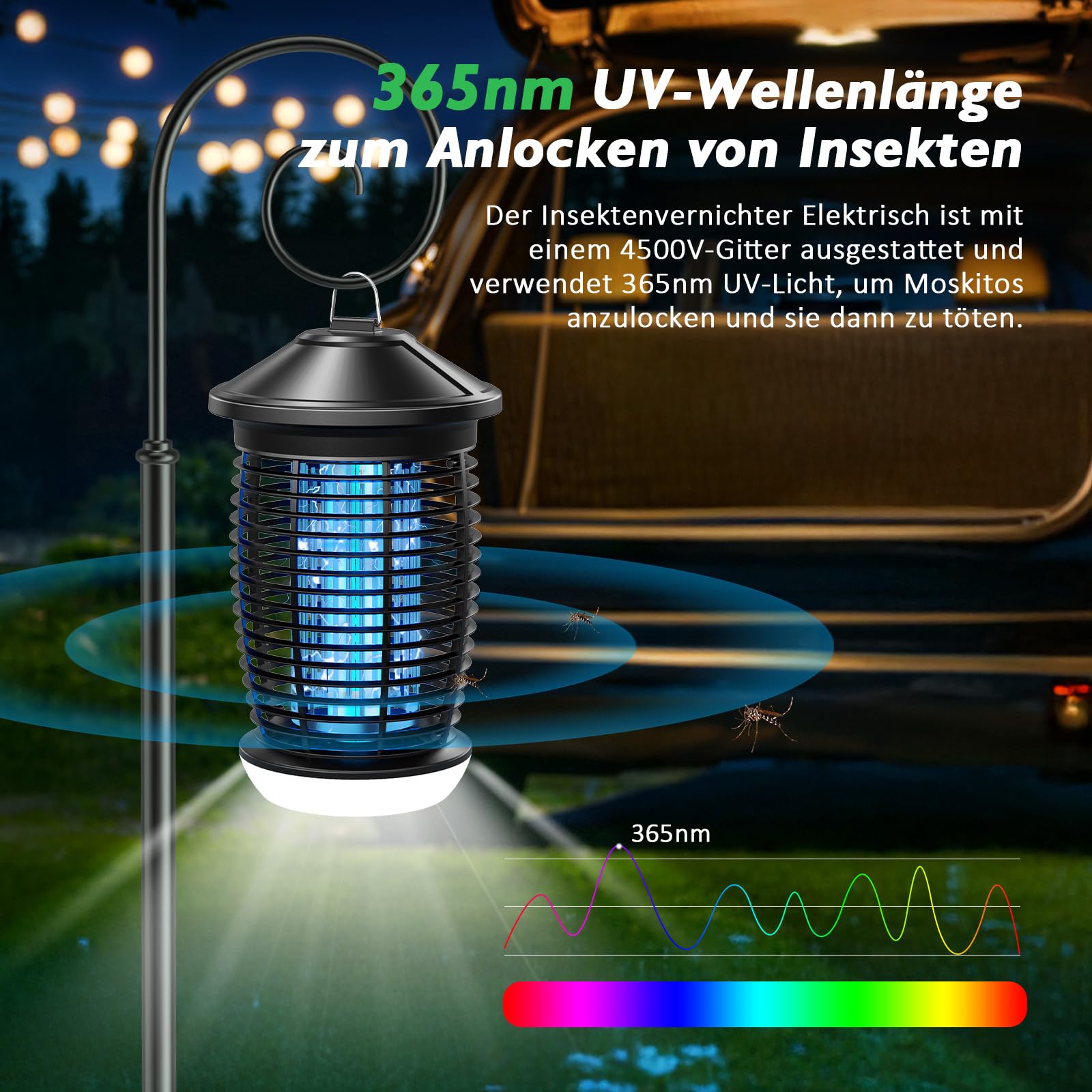 PALONE Insektenvernichter Elektrisch, 4500V Elektrischer Mückenlampe mit 20W UV & 9W LED Licht & 1,2M Kabel, Wirksam Reduzieren Fliegender Insekten für Küche Garten