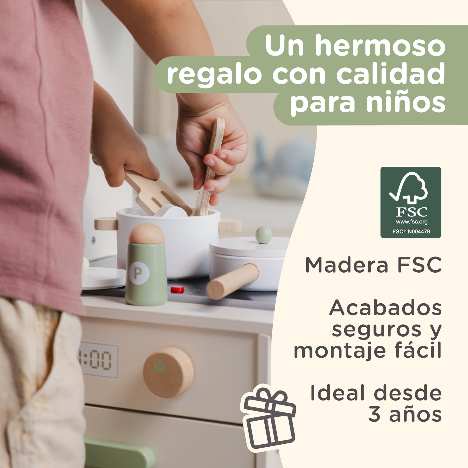Nene Toys Cocina Juguete para Niños con Luces y Sonidos - Cocinita Infantil de Madera con Horno, Estantes y Accesorios – Juego de Imitación Montessori 3 años - Regalo para Niñas y Niños Desde 3 años