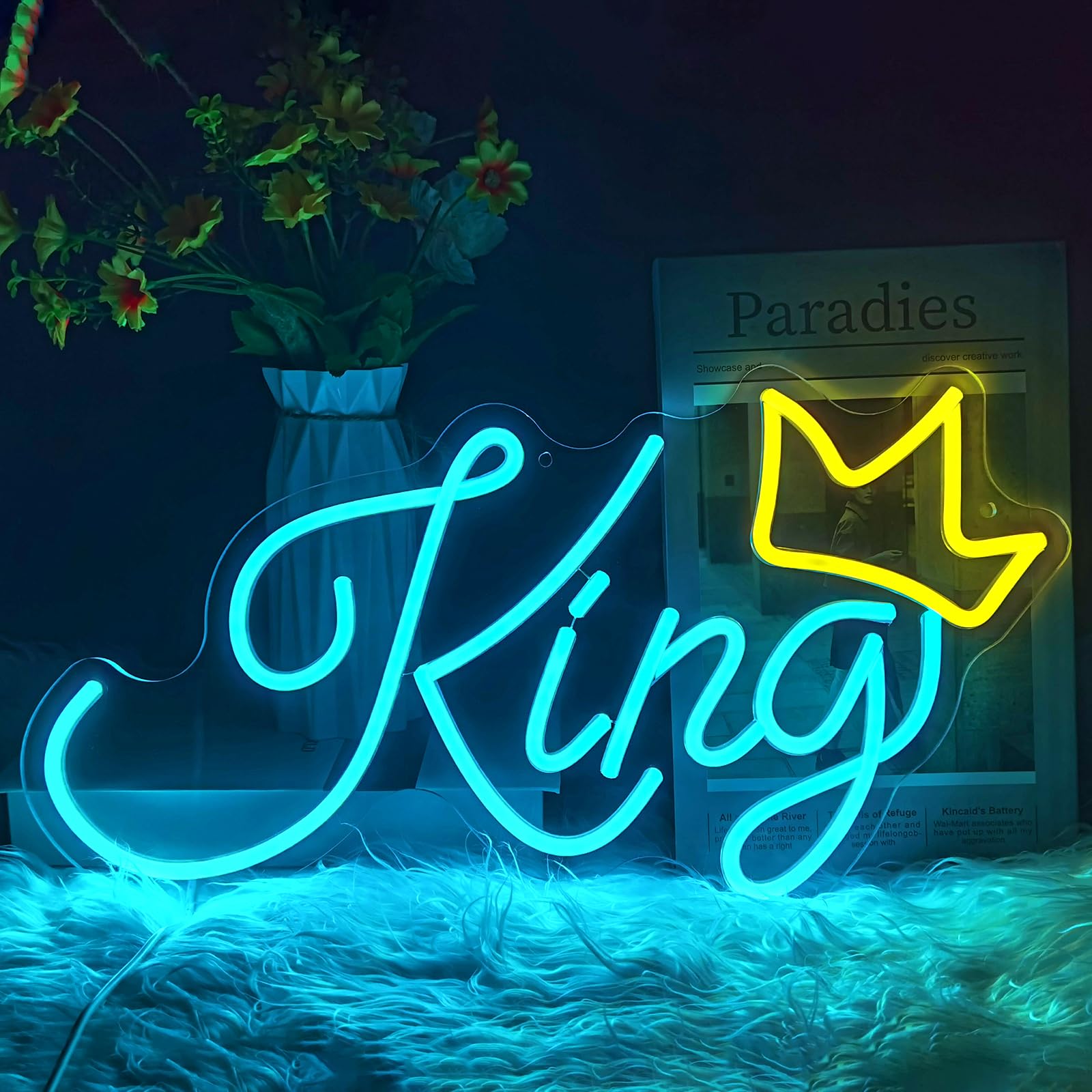 King Neon Signs for Wall Decor,Blue LED Light Signs Golden Crown Neon Lights Aesthetics Light Up Sign USB Powered Switch Wall Neon Art Decor Lights for Bedroom Kids Teen Boys Room Birthday Party Bar