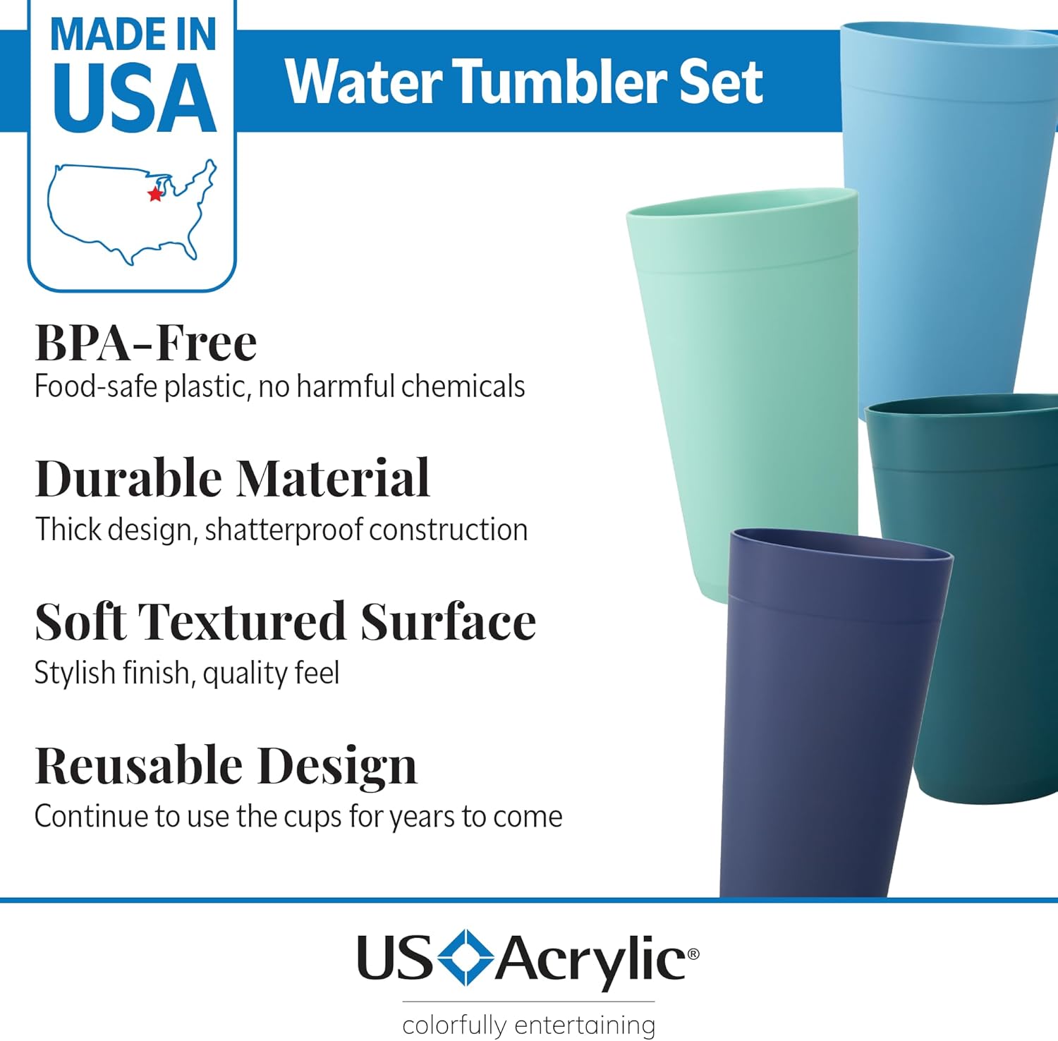 US Acrylic Newport 20 ounce Unbreakable Plastic Stackable Water Tumblers in 4 Coastal Colors | Set of 12 Drinking Cups | Reusable, BPA-free, Made in the USA, Top-rack Dishwasher and Microwave Safe - Image 2