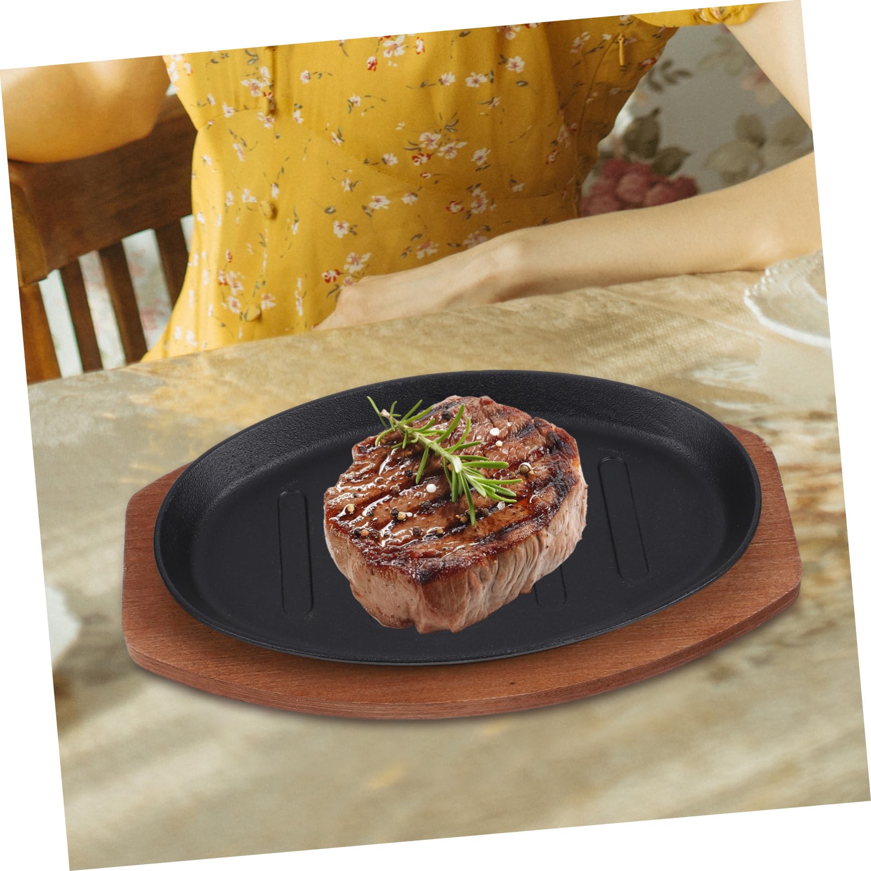 LABRIMP Plato de Hierro Fundido para Asador con Base de Madera, Superficie Lisa y Elaboración Fina, Adecuado para Restaurante y Pescado Parrilla