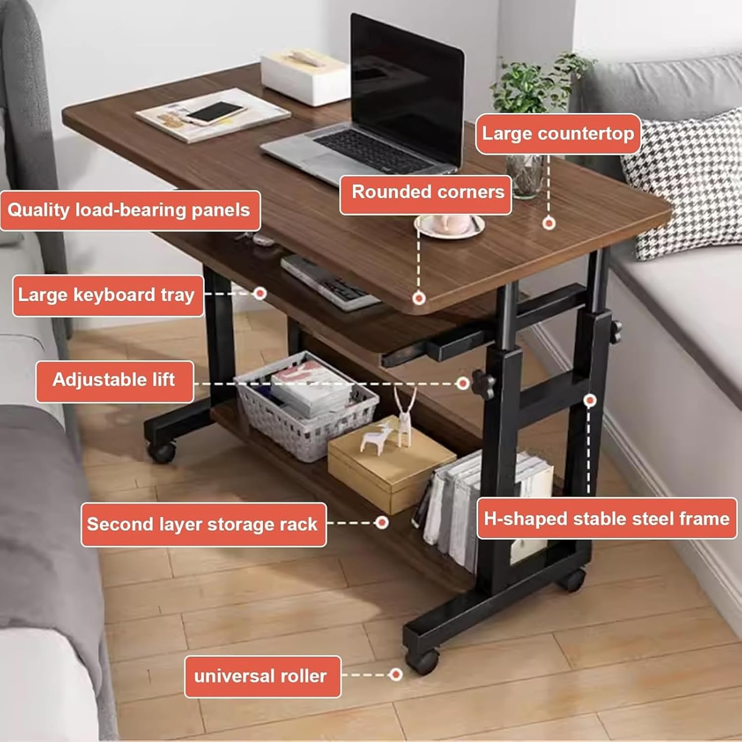 Rolling Computer Desk, Small Adjustable Desk, Mobile Couch Sofa Table with Pull Out Keyboard Tray and Storage Shelf, Computer Table with Wheels - for Home Office ( Color : Brown , Size : 80*45cm/31.5*