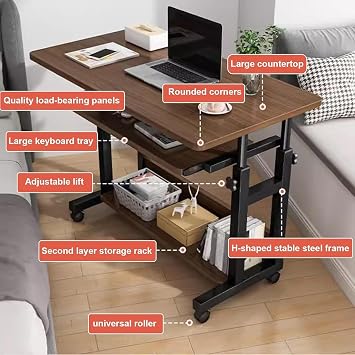 Rolling Computer Desk, Small Adjustable Desk, Mobile Couch Sofa Table with Pull Out Keyboard Tray and Storage Shelf, Computer Table with Wheels - for Home Office ( Color : Brown , Size : 60*45cm/23.6*