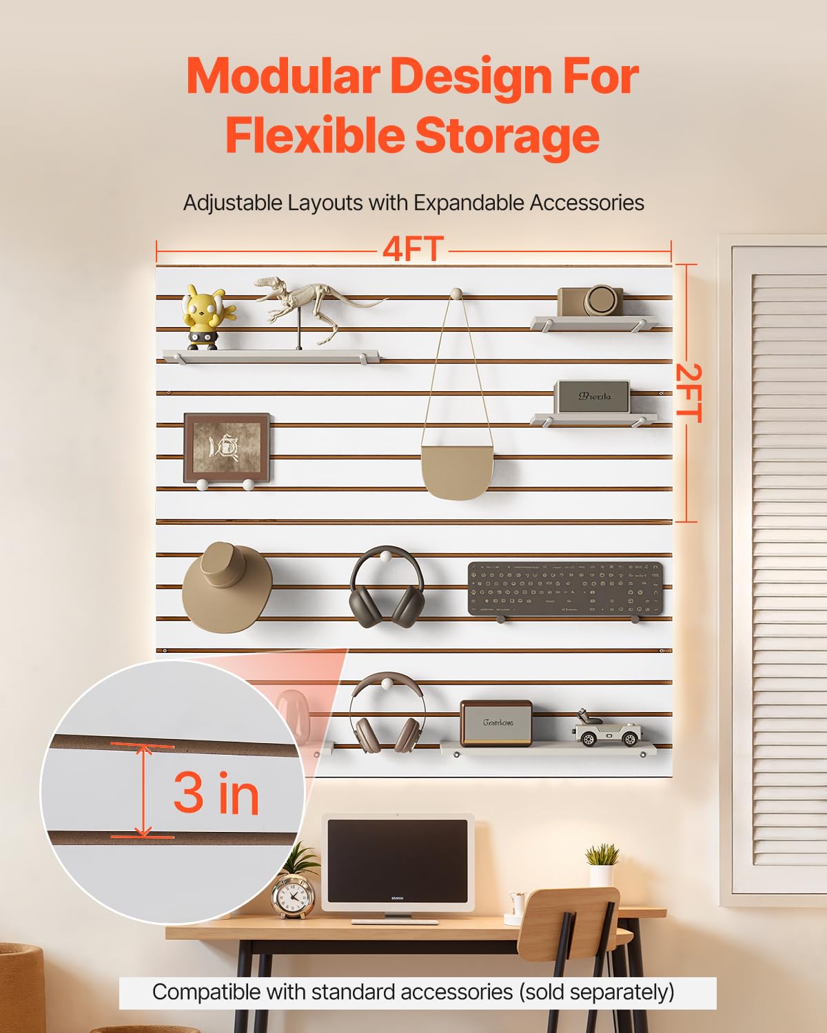 VEVOR Paneles de Pared de Listones 1220 x 1220 x 18 mm, Panel de Listones de Garaje de MDF Diseño Modular con Estructura de Acoplamiento y Corte de Bricolaje para Almacenamiento y Exhibición, Blanco