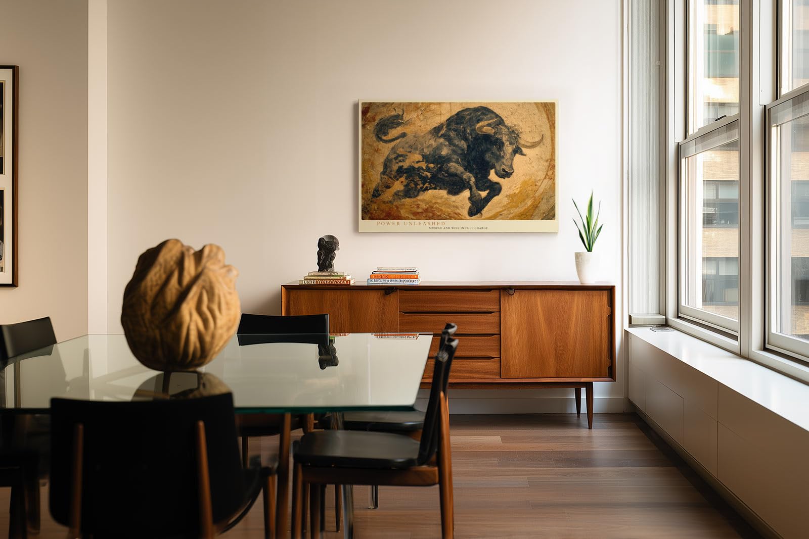 Paul Sinus Wandbild 120x80cm kraftvoller Stier abstrakte Tierkunst in warmen Braun Gold Toenen dynamische Leinwand Wanddekoration modernes Kunstbild fuer Wohnzimmer Büro
