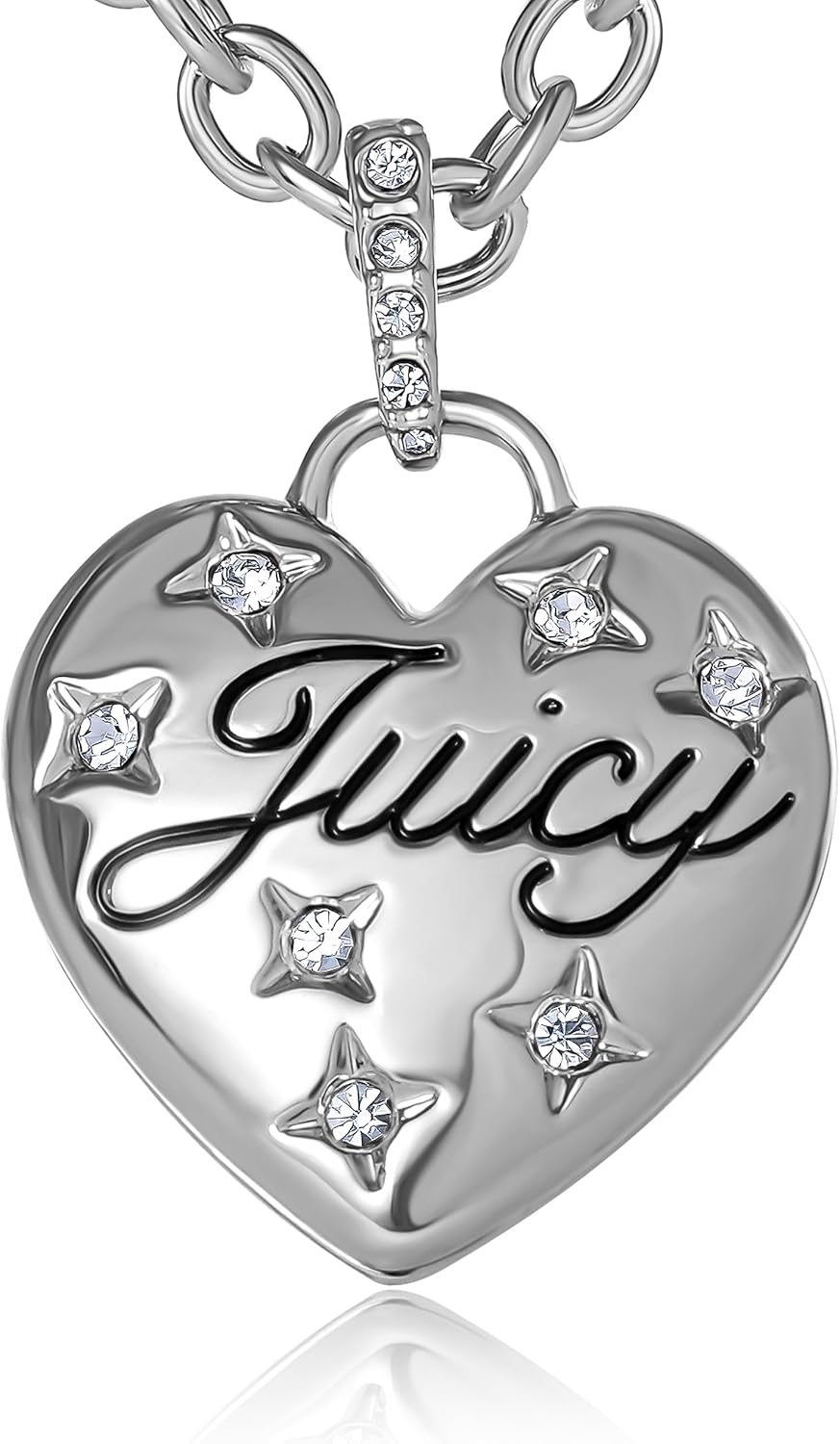 Juicy Couture Puffy Heart Necklace for Women 18"+2", Fashion Constellation Heart Necklace with Clear Stones and Logo