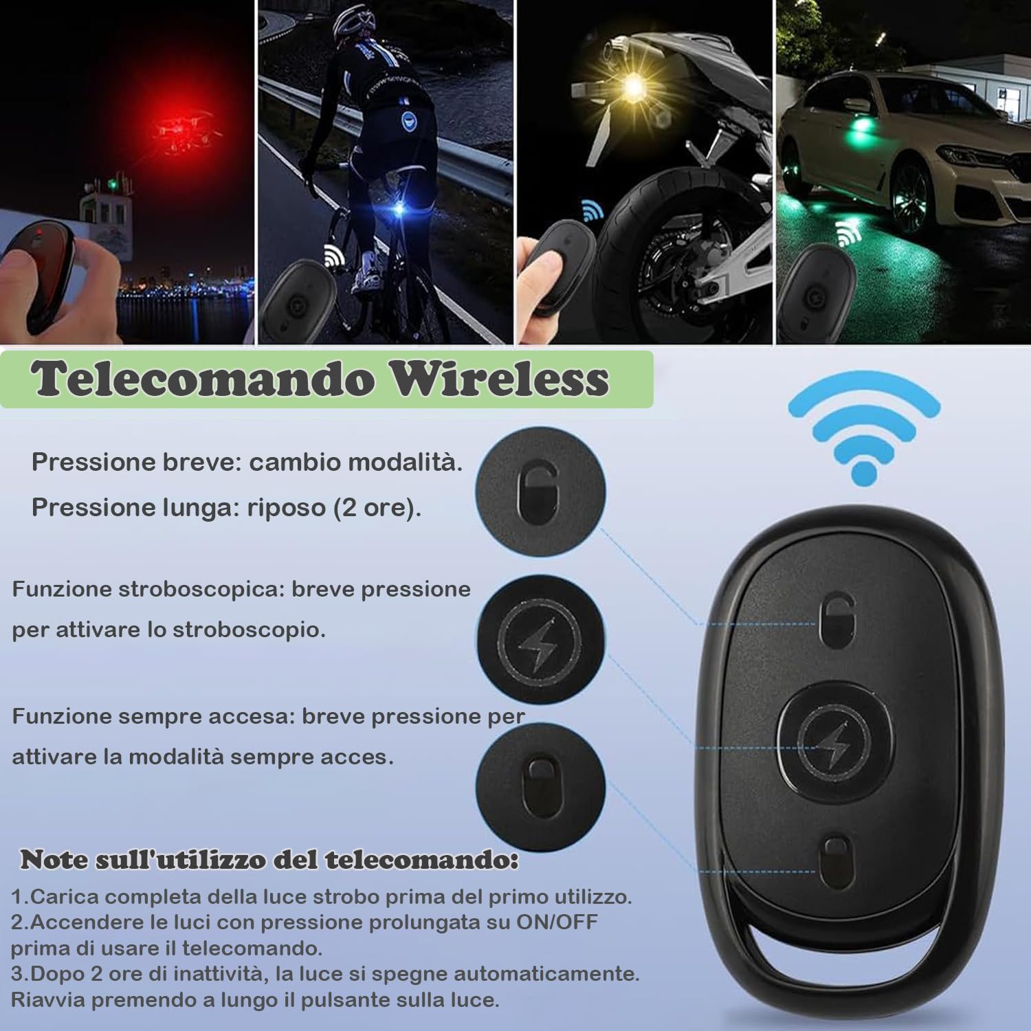 4 Luci Strobe LED Wireless con Telecomando - 7 Colori, Alta Luminosità, Ricaricabili USB, per Auto, Moto, Drone