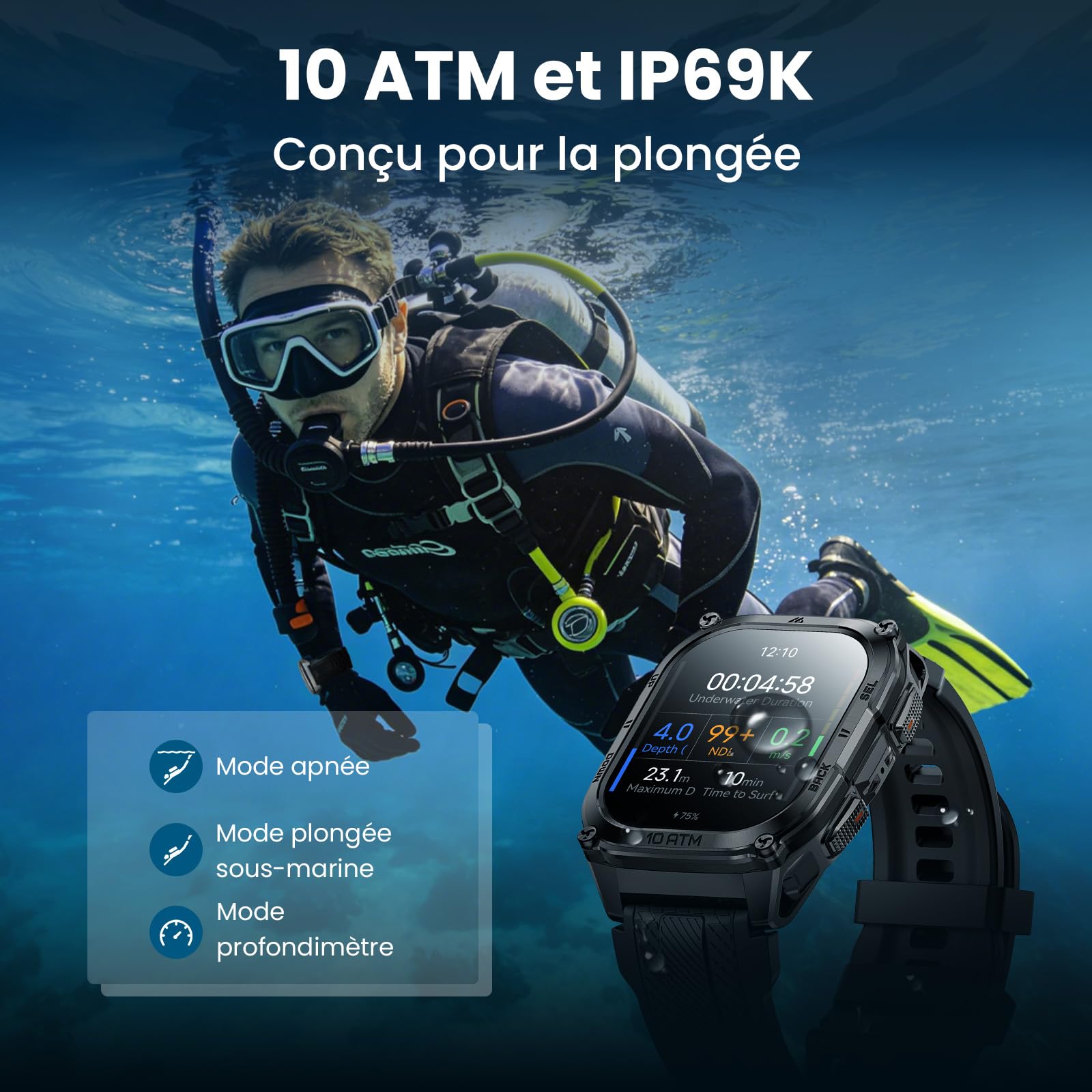 KOSPET Tank M4 GPS Montre Connectée Homme, Cartes Hors Ligne, 1.96'' AMOLED | Acier Inoxydable, Étanche 10 ATM et IP69K, Plongée 45M, Batterie 15 Jours, Surveillance Santé 24/7, Compatible Android et iOS