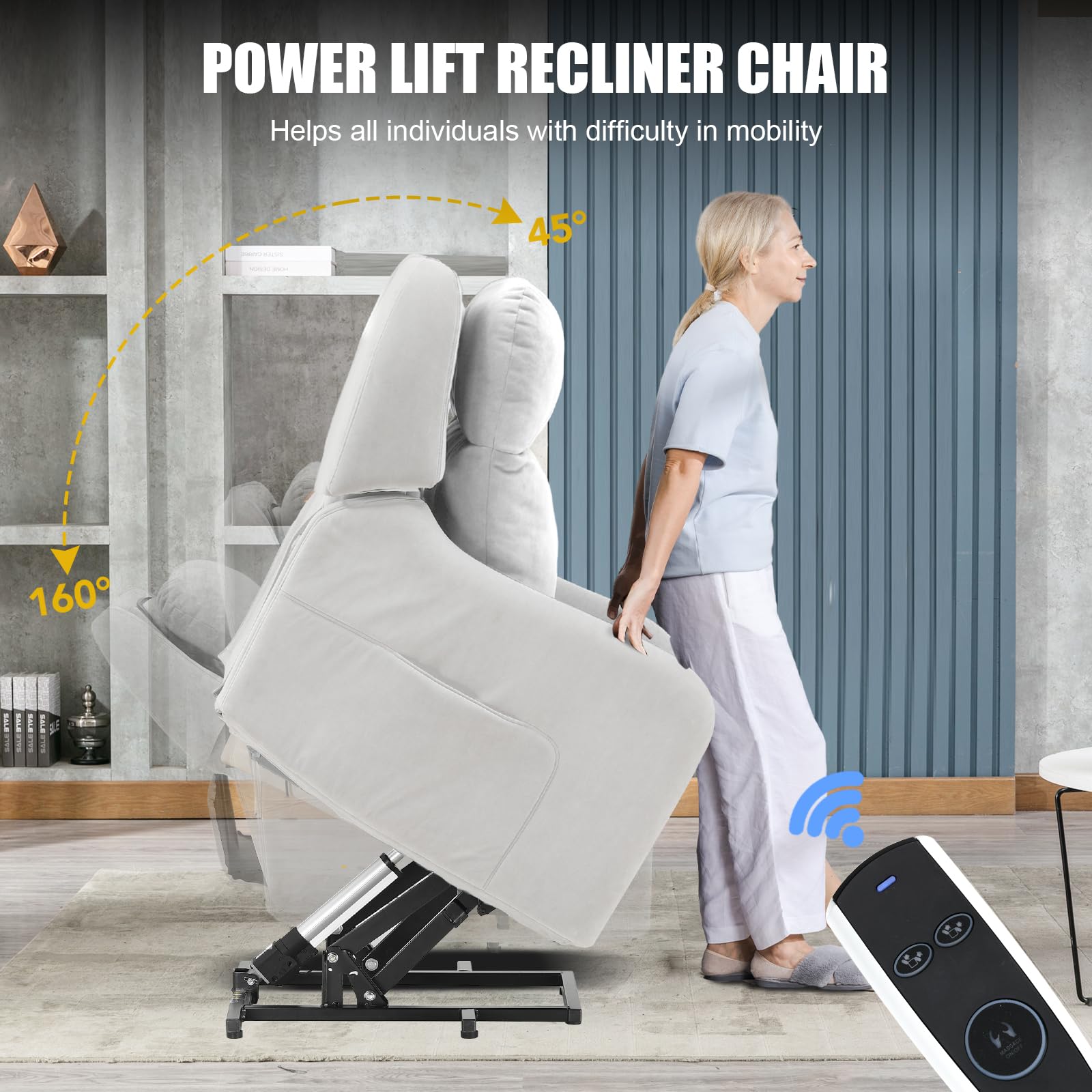 COMHOMA Poltrona relax elettrica con Power Lift, con funzione massaggio SL, poltrona relax, telecomando, con porta USB per anziani, schienale rimovibile, tessuto grigio