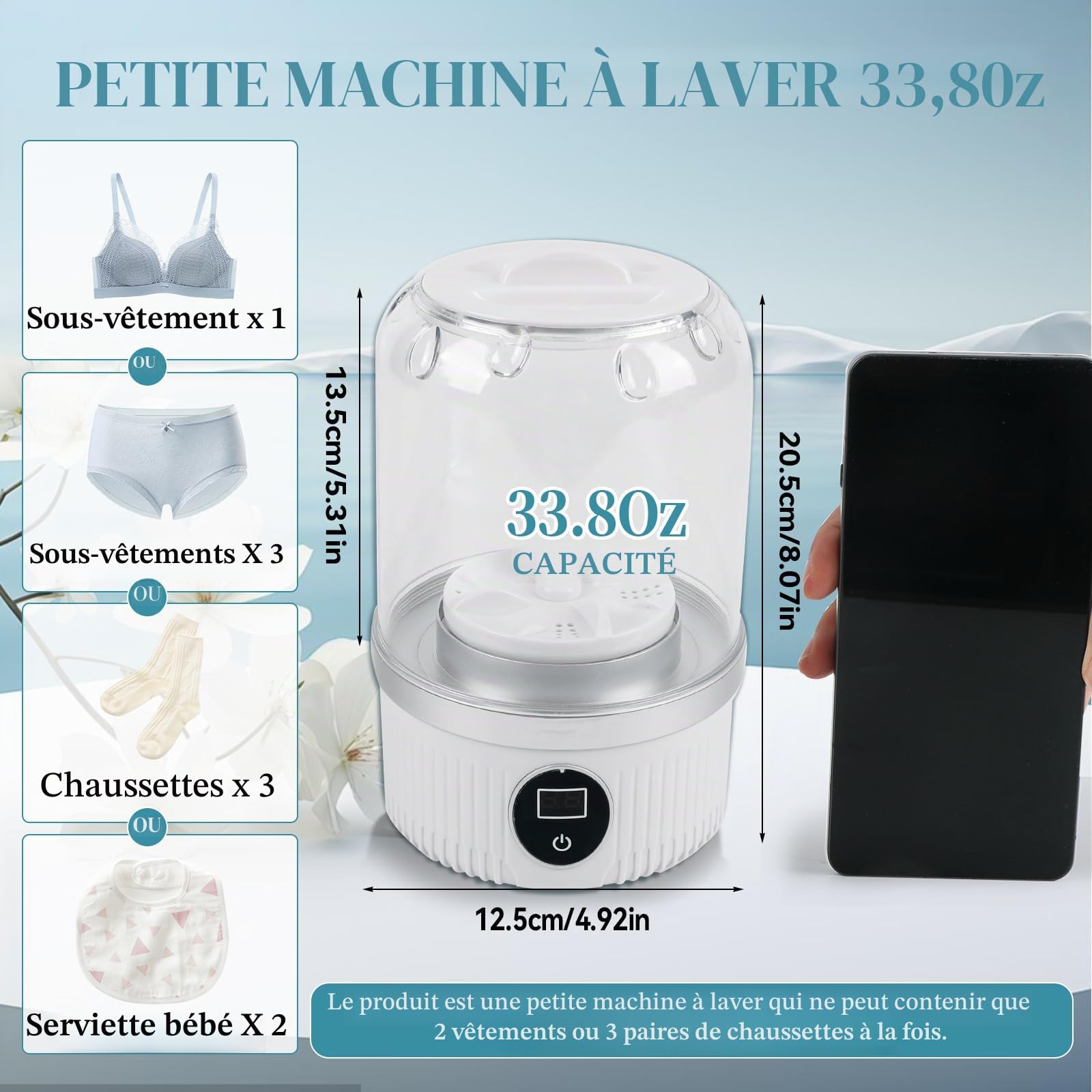 Mini machine à laver portable, machine à laver pour sous-vêtements, laveuse compacte rechargeable sans fil, 2 modes, convient pour les soutiens-gorge, sous-vêtements, chaussettes, pour appartement