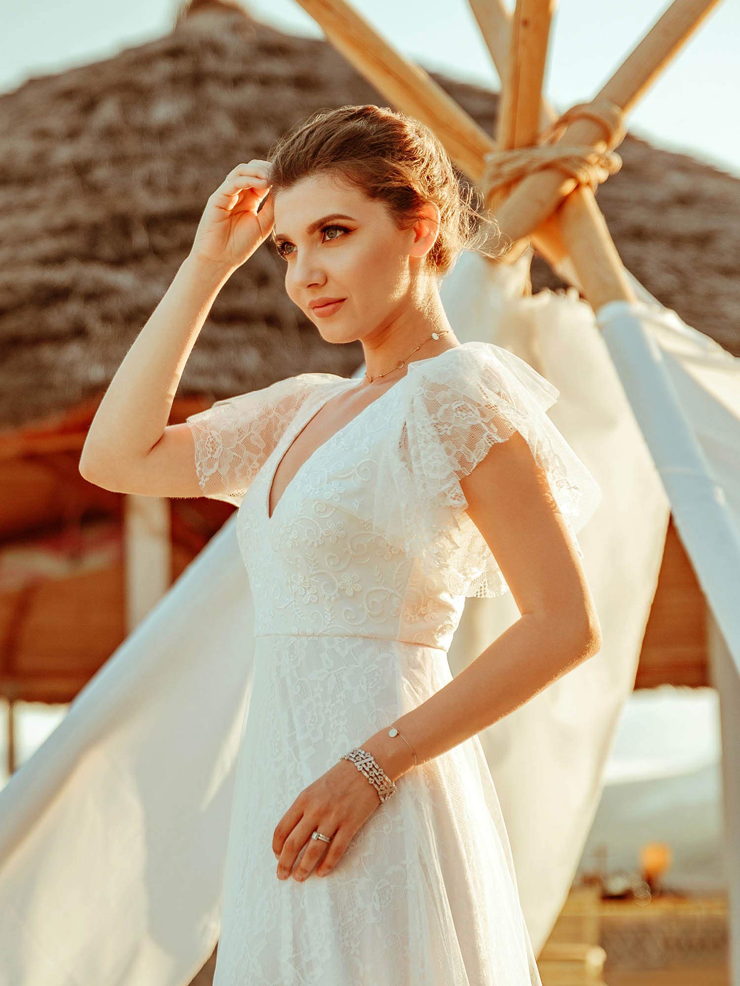 Ever-Pretty Encaje Tul Vestido de Fiesta A-línea Cuello en V Manga Corta Corte Imperio para Mujer 00857