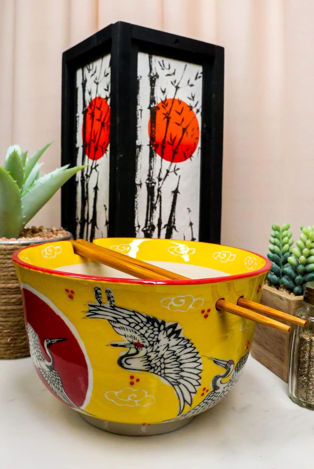 Ebros Red Flying Crane With Red Moon Yellow Sky Ramen Udon Noodles Large 6.25"D Soup Bowl With Bamboo Chopsticks And Built In Rest Set for Asian Dining Rice Meal Bowls Decor Kitchen