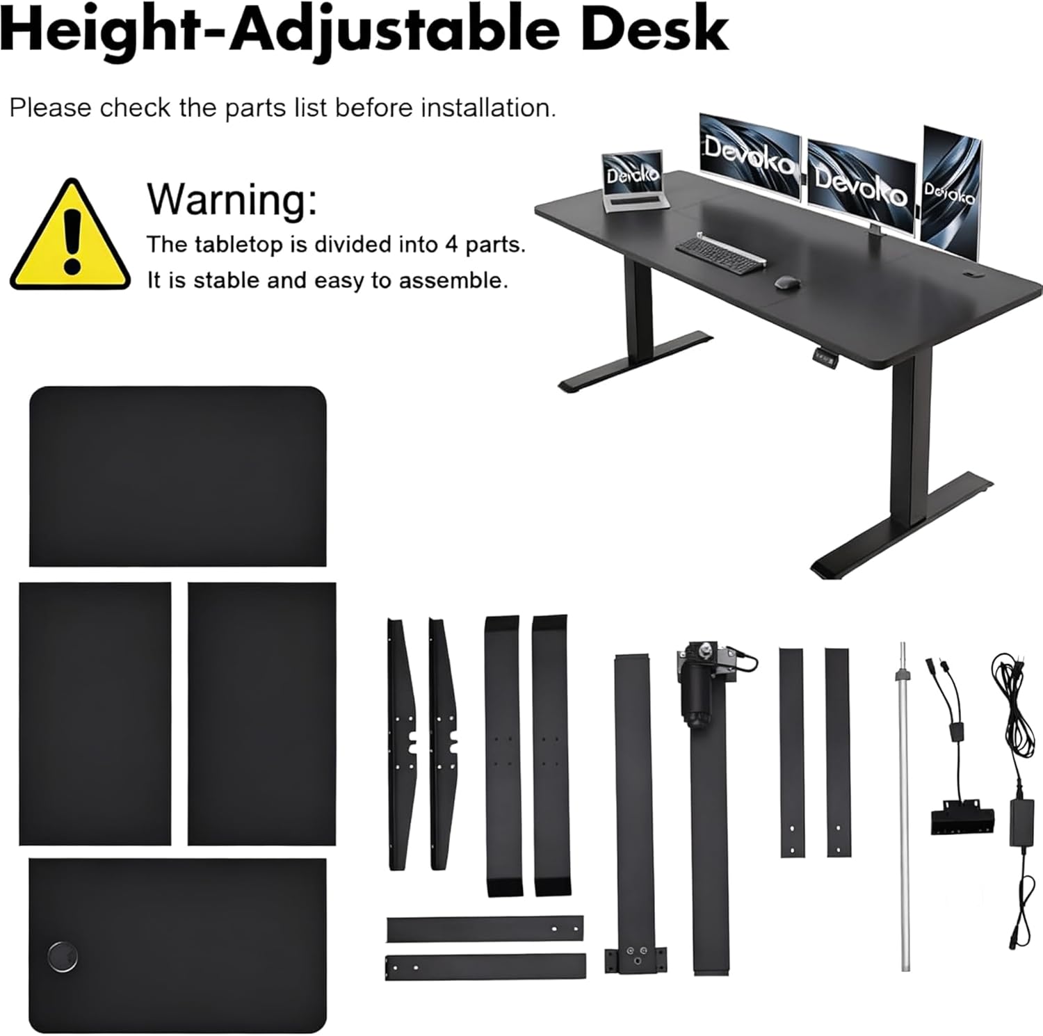Diagram showing all parts included for the Devoko Height Adjustable Desk assembly, including tabletop sections, frame components, motor, control panel, and cables.