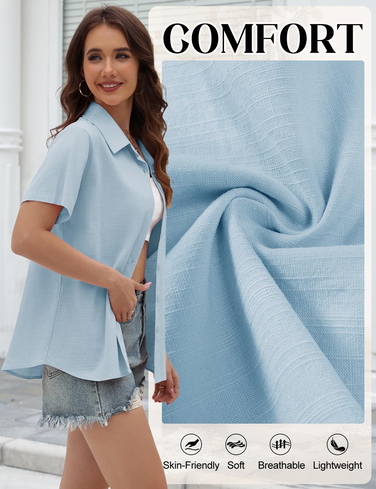 Yuson Girl Chemisier Femme Manche Courte Blouse Été en Lin Coton Chemise Col en V Boutonnée Hauts Couleur Unie Élégantes Chemiser Tops Décontracté Ample Tunique T-Shirt
