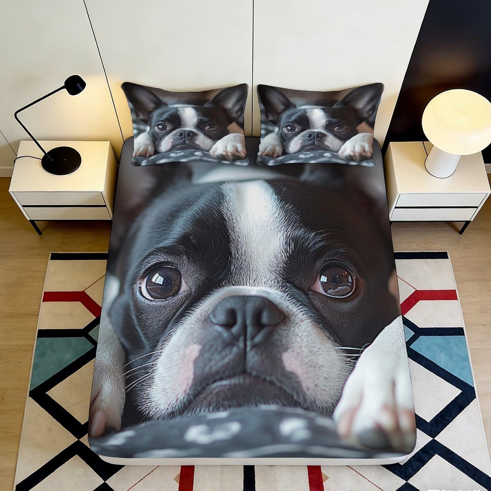 3D Printed Boston Terrier Fitted Sheet Microfiber Soft Breathable Dog Pattern Bed Cover for Bedroom Dormitory Guest Room Mattress Protection Decor 160x200x25cm