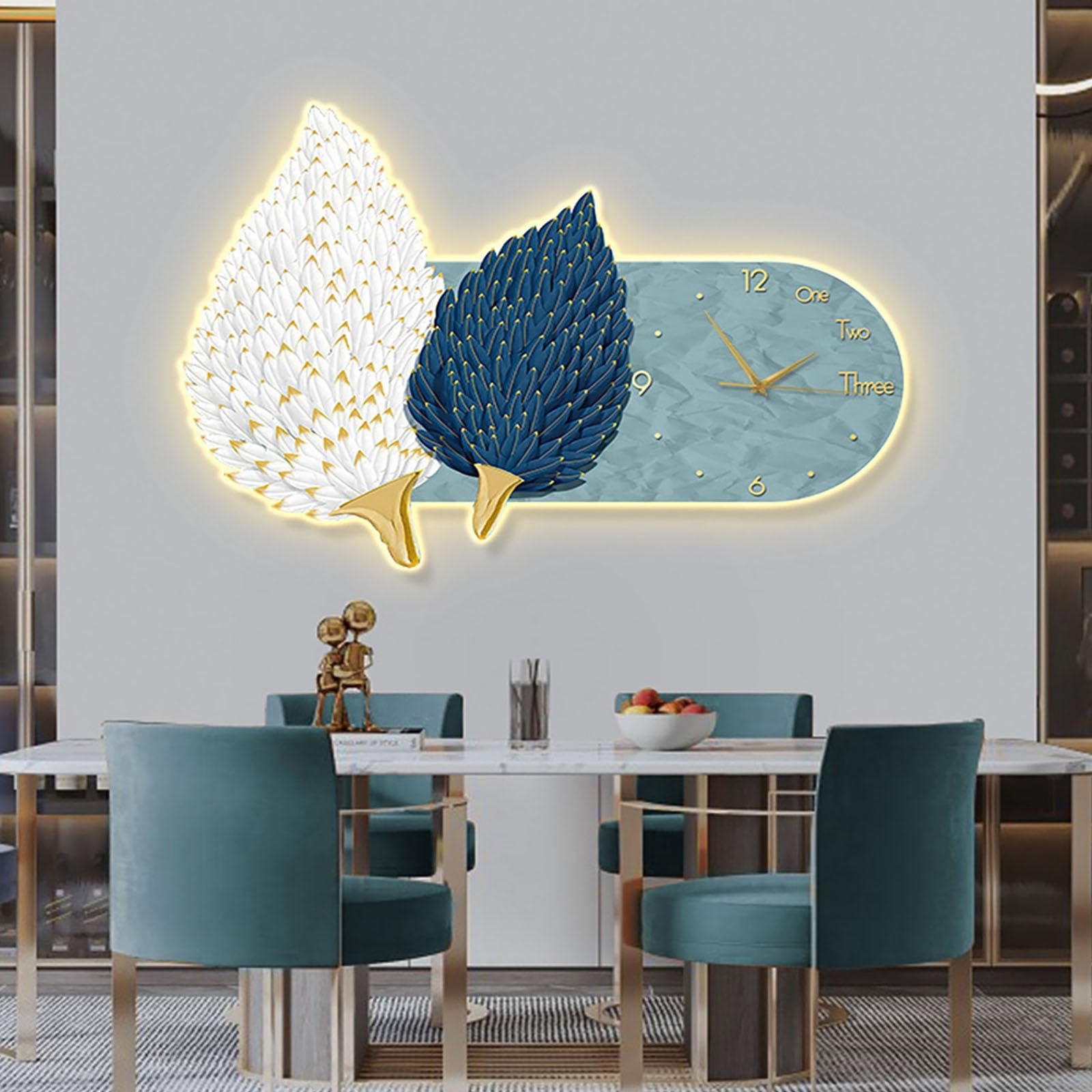 Decorazioni Grande lampada da parete con piume orologio e luci a LED