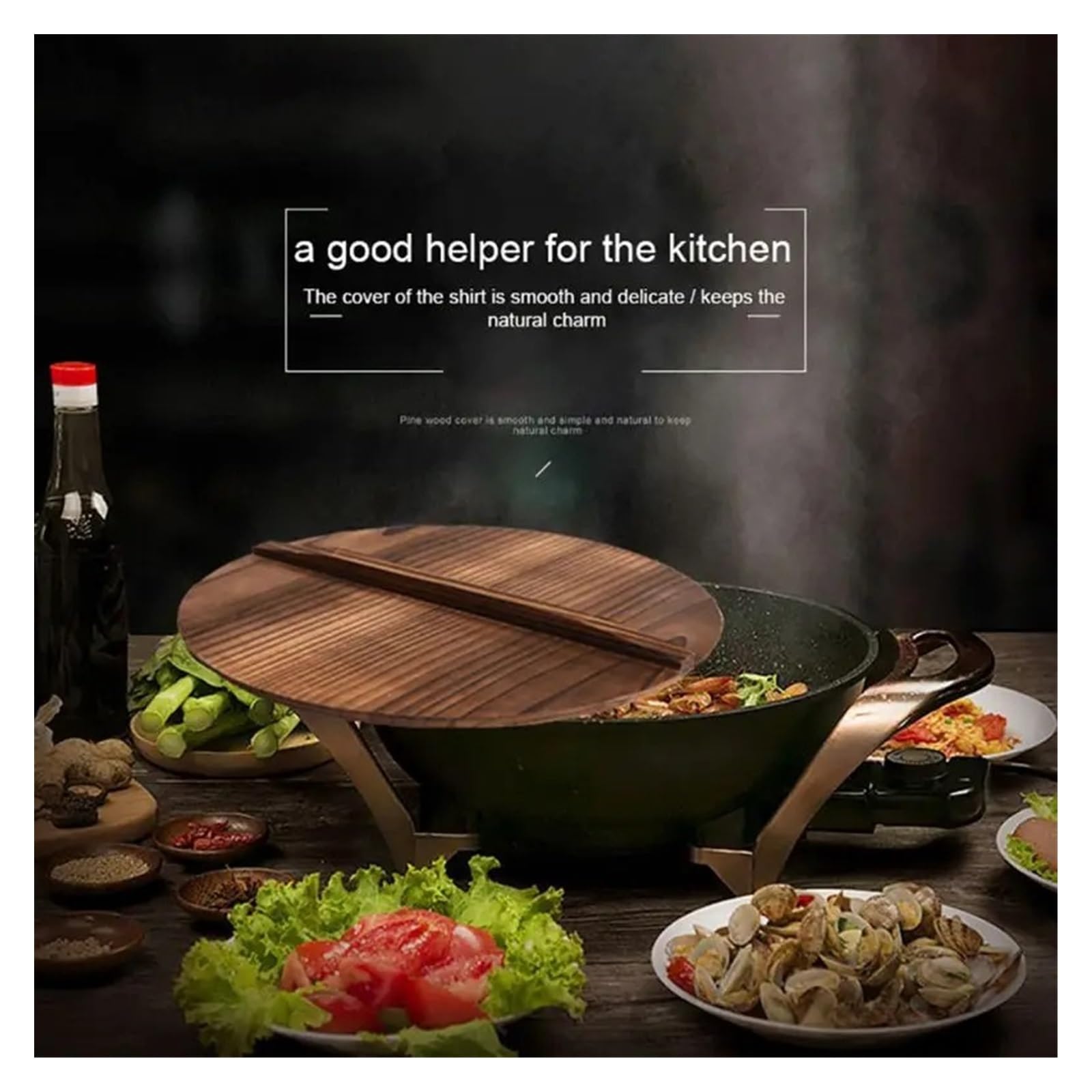 Tapa Sarten Universal Tapa de Wok de Madera Tapa de Wok de Madera Redonda Tapa de Wok de Madera con Mango Tapa de Wok Ligera antiescaldado Accesorio de Cocina de Madera Tapa de Cacerola(30)
